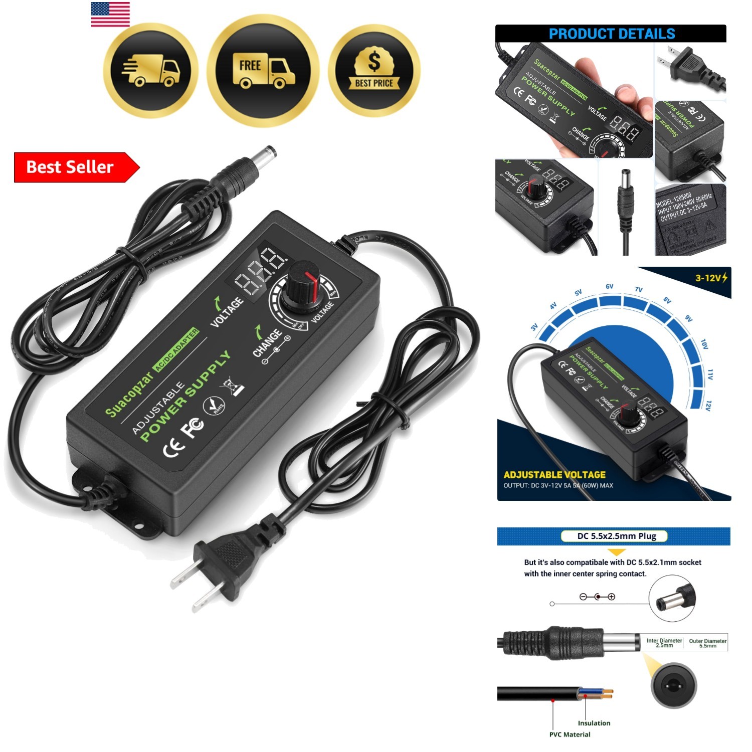 60W Power Supply Adjustable DC 3V ~ 12V 5A, Variable Universal Switching AC/D... 60W Power Supply Adjustable DC 3V ~ 12V 5A, Variable Universal Switching AC/D...