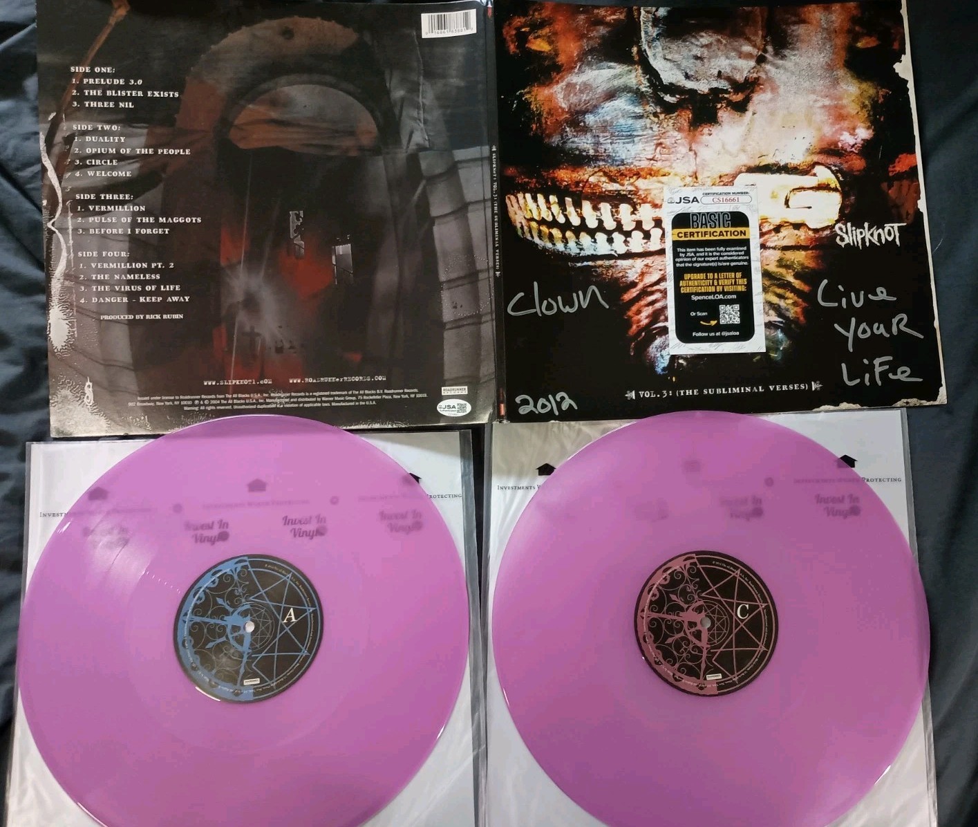 Slipknot - Vol 3 The Subliminal Verses Signed Clown Purple 2LP Vinyl JSA COA Slipknot - Vol 3 The Subliminal Verses Signed Clown Purple 2LP Vinyl JSA COA