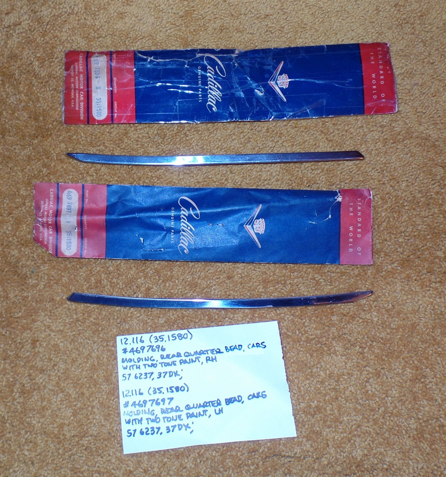 1957 Cadillac Coupe RH/LH Rr Qtr Upr Moldings-Cars w/2 Tone Paint NOS 4697696/97