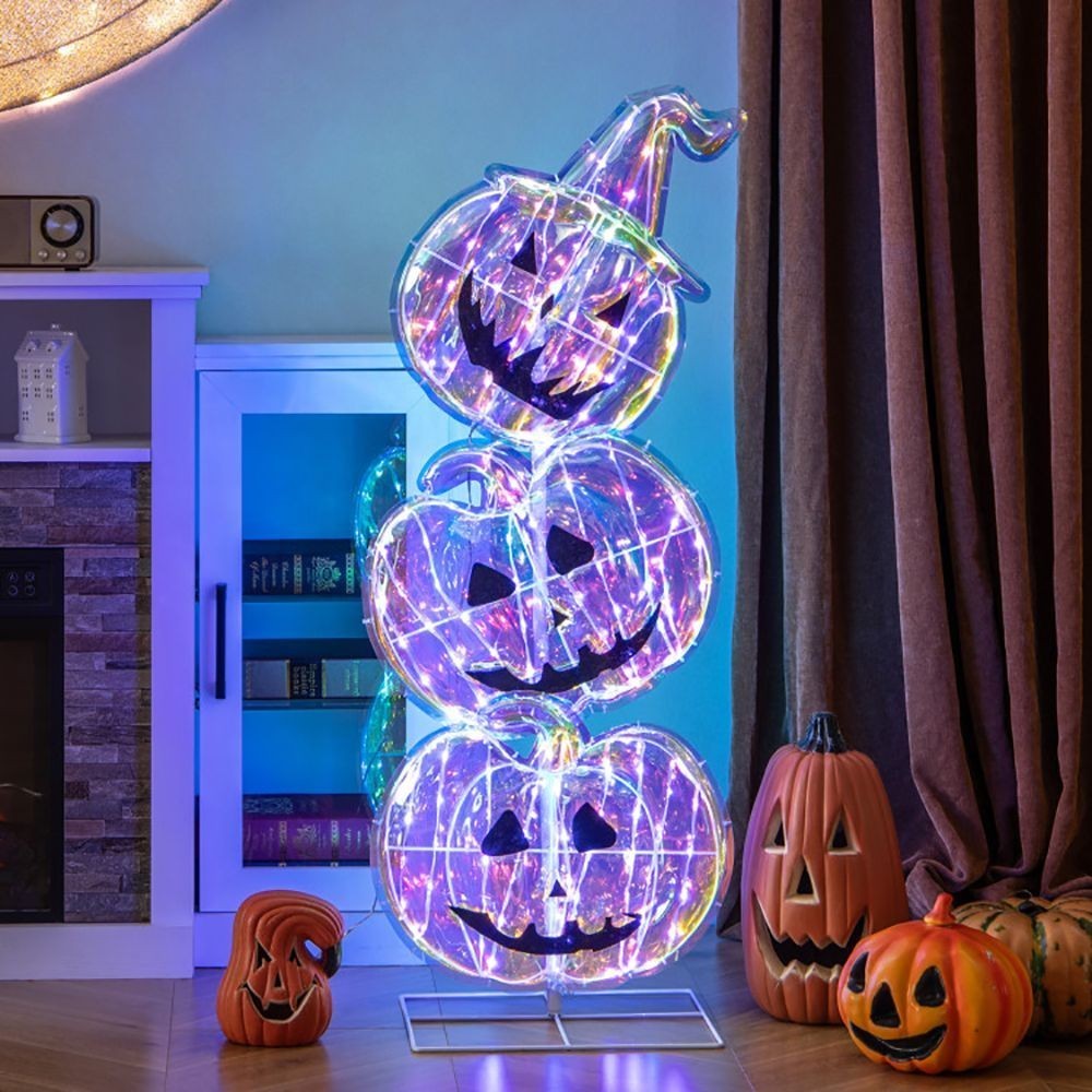 Standing 3 Stacked LED Lighted Pumpkins Halloween Decor with Base 150 LEDs