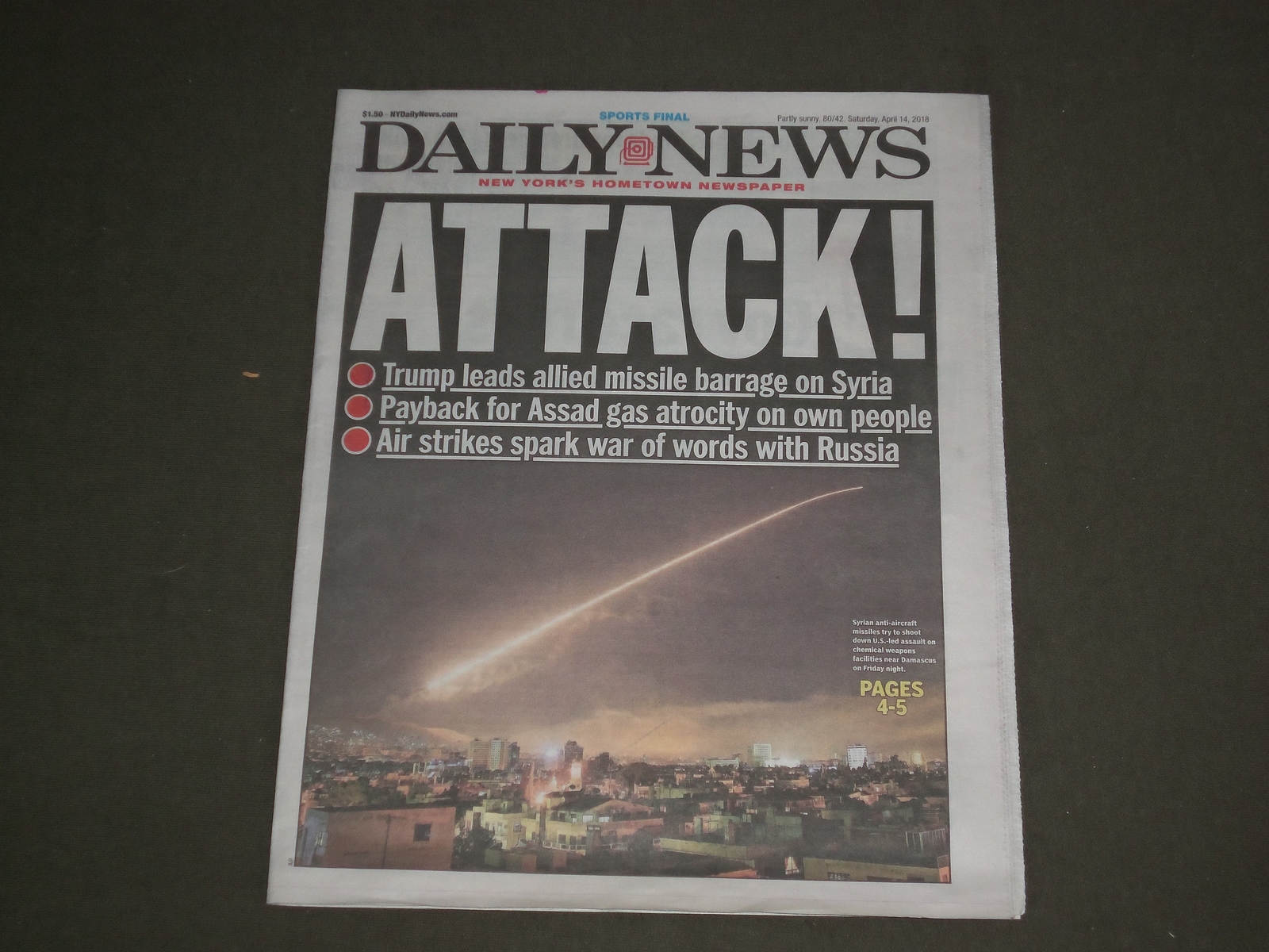 2018 APRIL 14 NEW YORK DAILY NEWS-ATTACK, TRUMP BOBMS SYRIA-SPORTS FINAL EDITION