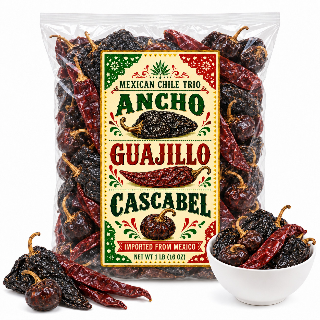 1LB Mixed 3 Chillis Ancho Guajillo Cascabel Mexican Chile Trio 1 LB 16 OZ Import