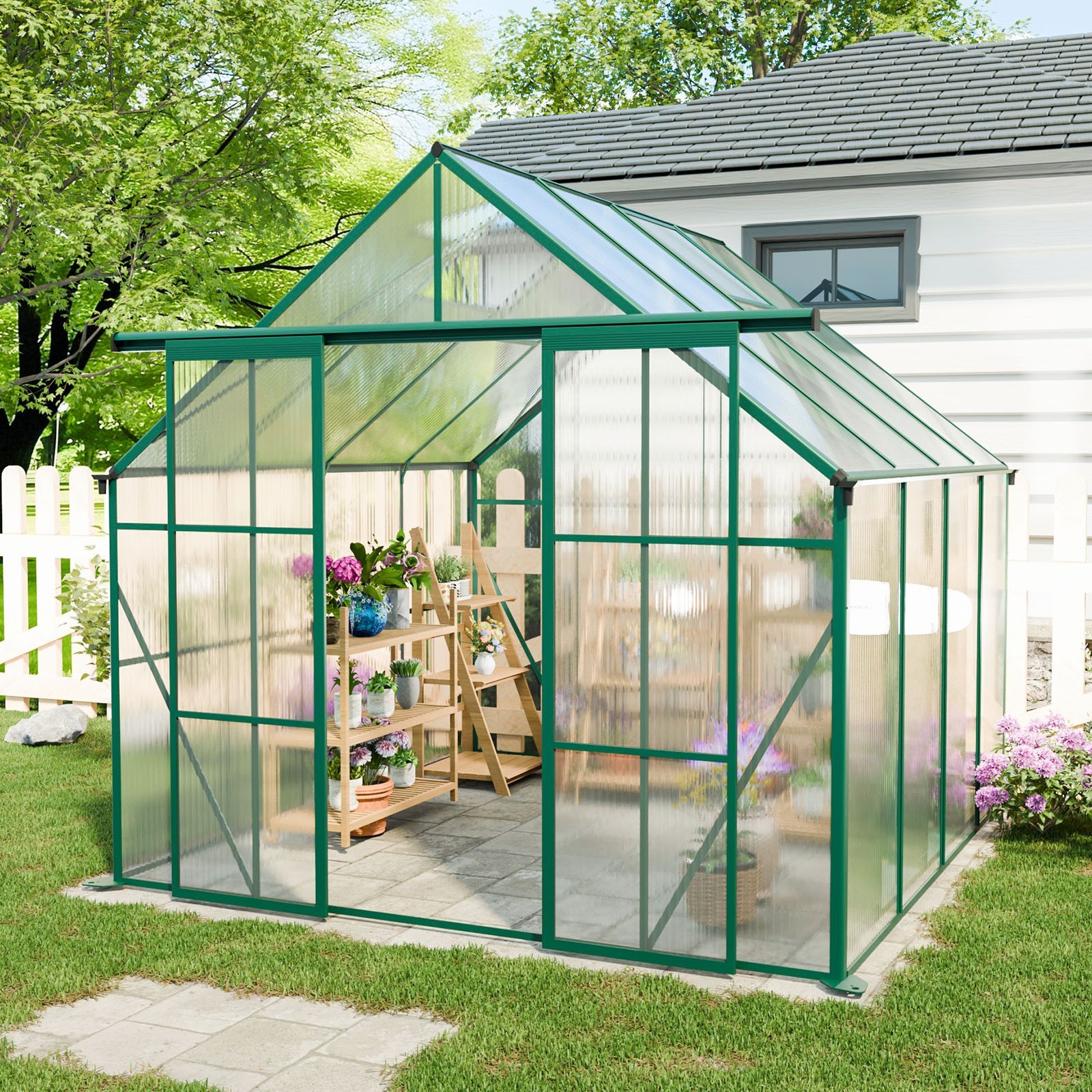 8x8 FT Green Aluminum Walk-in Greenhouse with Double Doors for Outdoor Garden