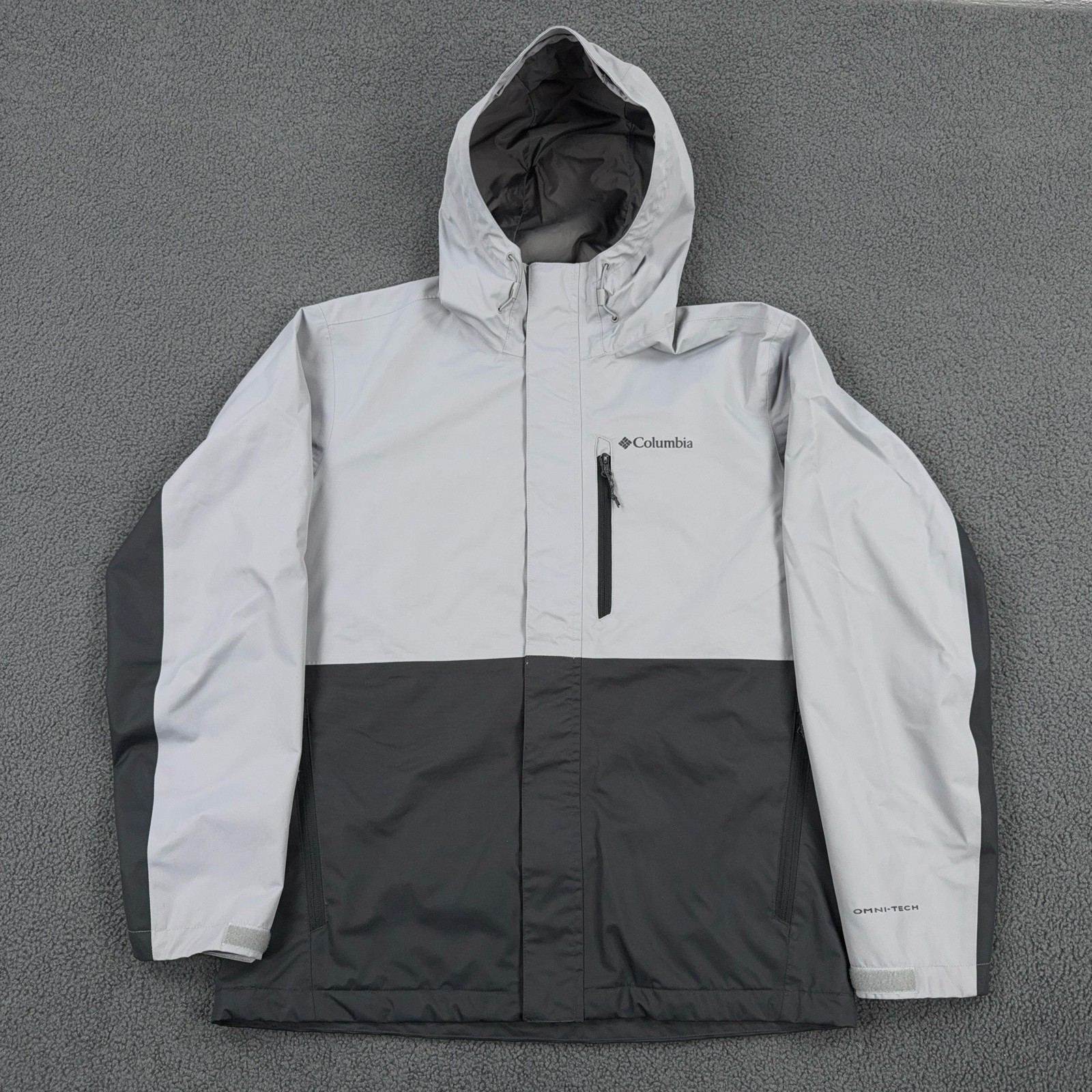 Columbia Omni Tech Jacket Mens Medium Gray Hooded Waterproof Taped Seams Hiking