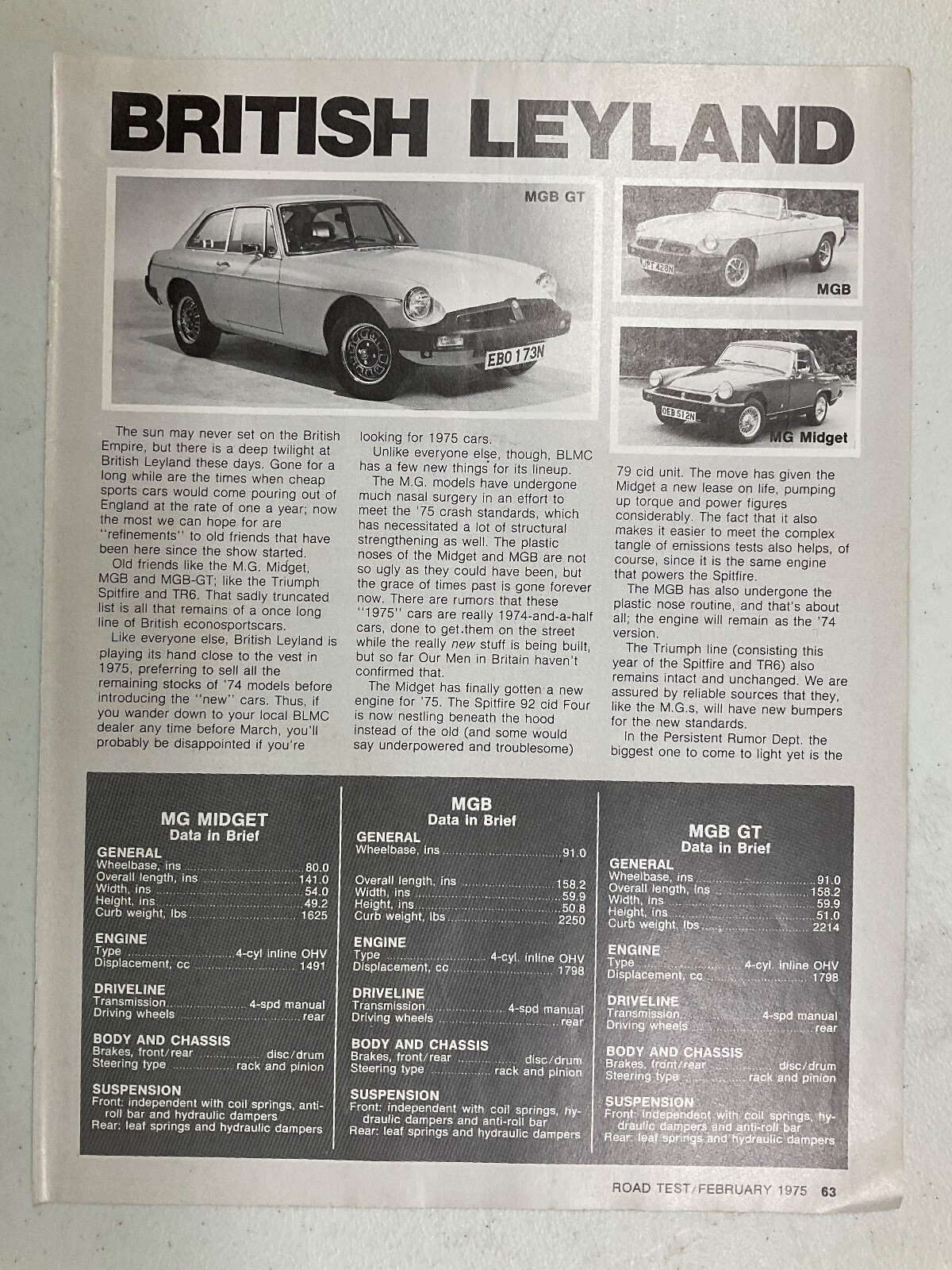 MISC1354 Vintage Article 1975 British Leyland MGB GT Triumph 2 page Feb 1975