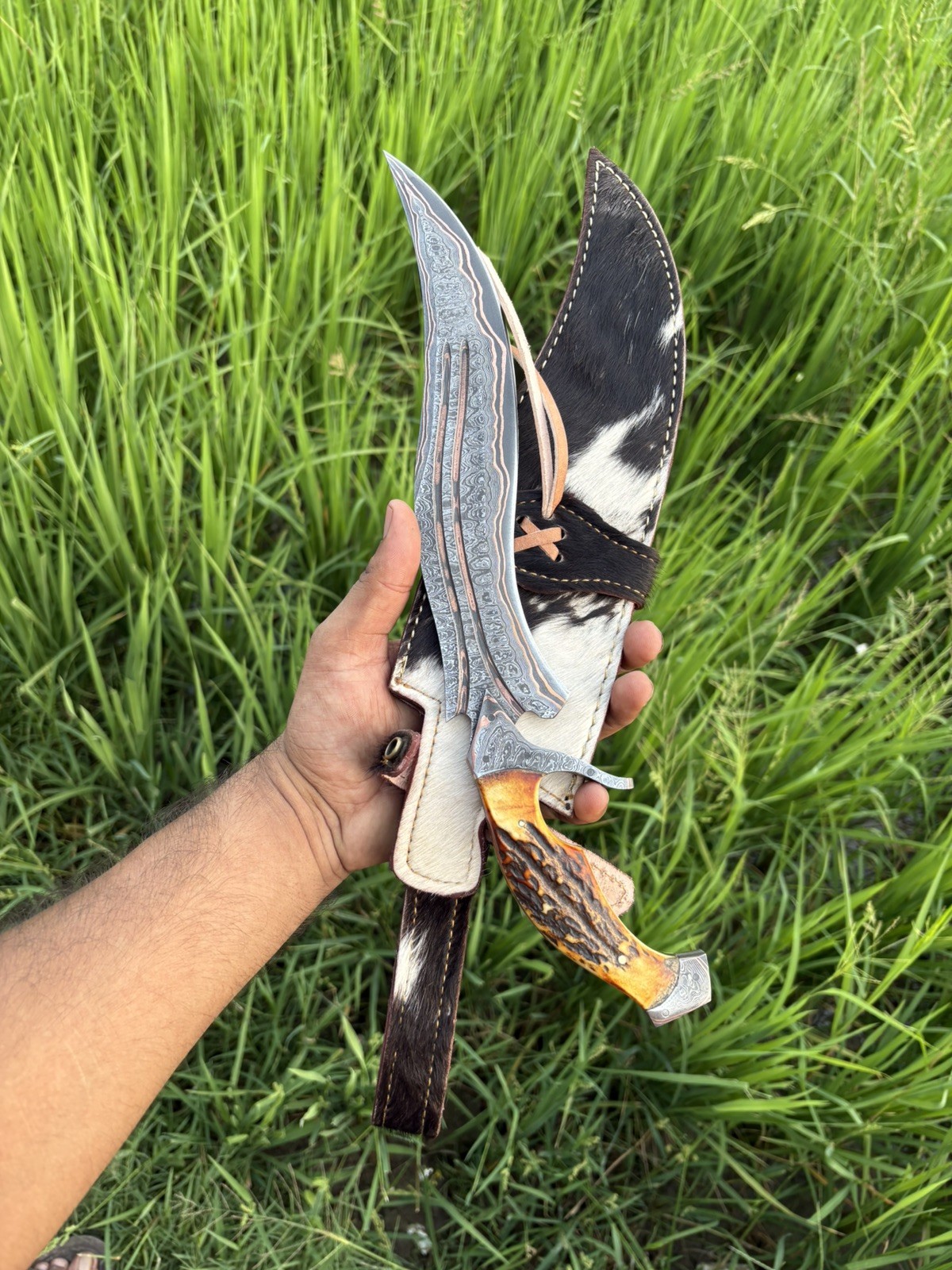 Custom Handmade Copper Damascus Hunting Bowie Knife | Camping Knife With Stag