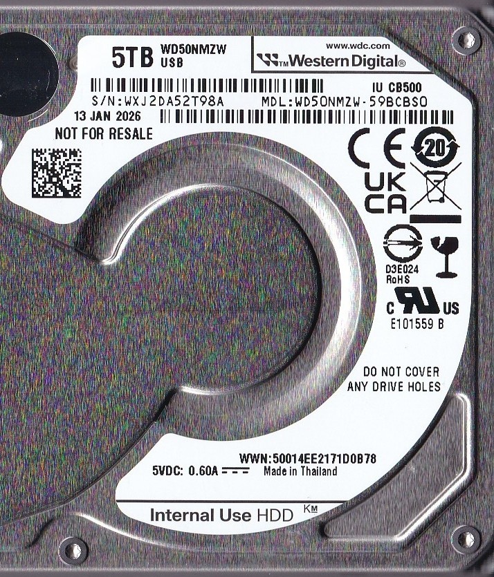 WD50NMZW-59BCBS0 s/n: WXJ2DA Thailand JAN/ 2026 5TB USB 3.0 2.5\