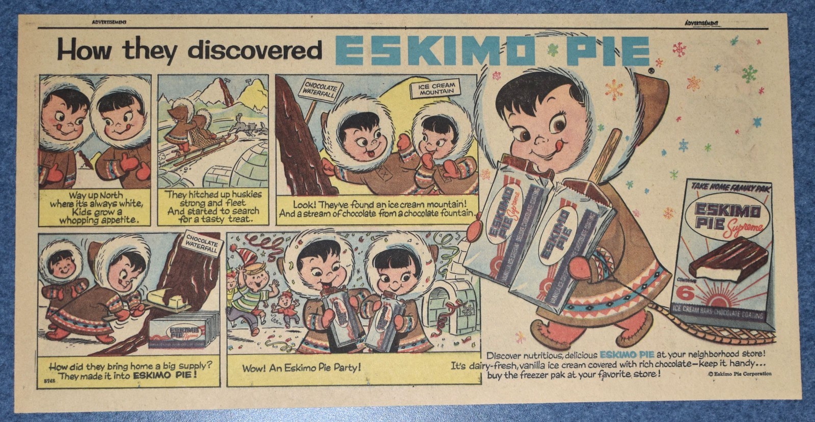 1958 - ESKIMO PIE Newspaper comic ad - How they discovered ESKIMO PIE 1958 - ESKIMO PIE Newspaper comic ad - How they discovered ESKIMO PIE