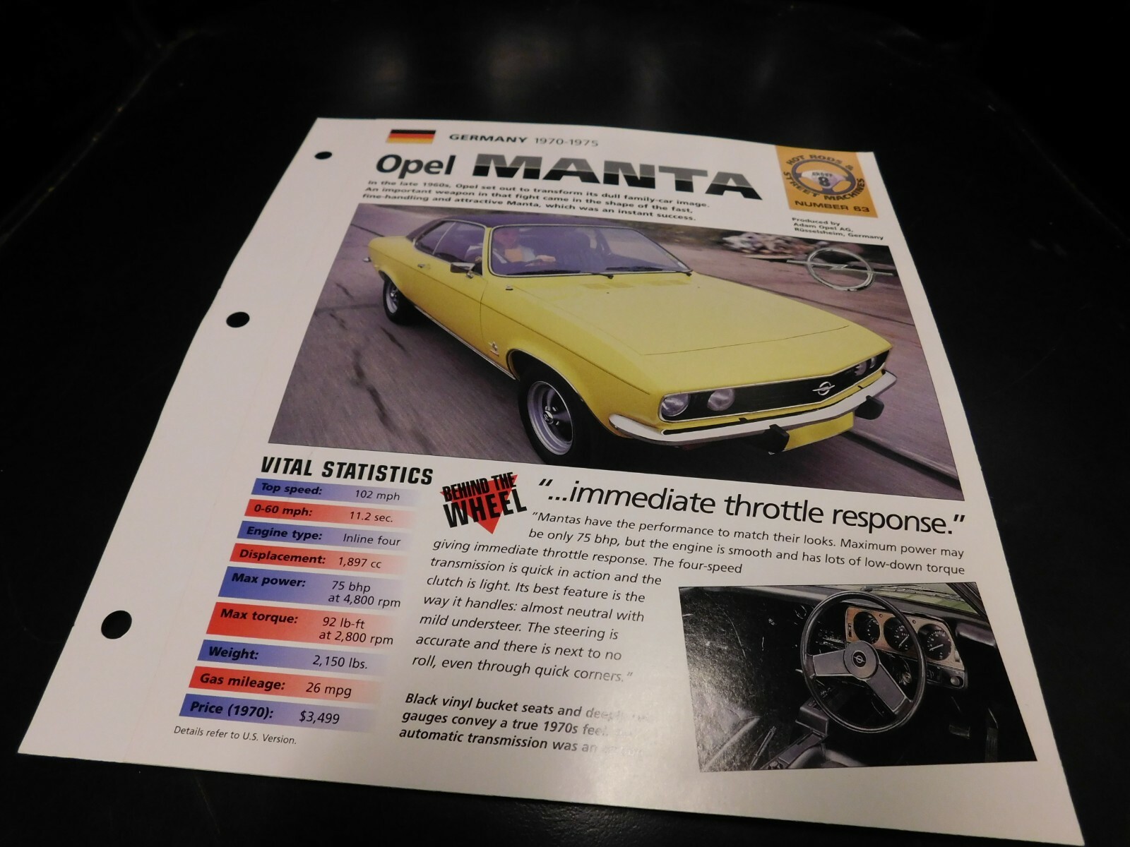 1970-1975 Opel Manta Spec Sheet Brochure Photo Poster 71 72 73 74