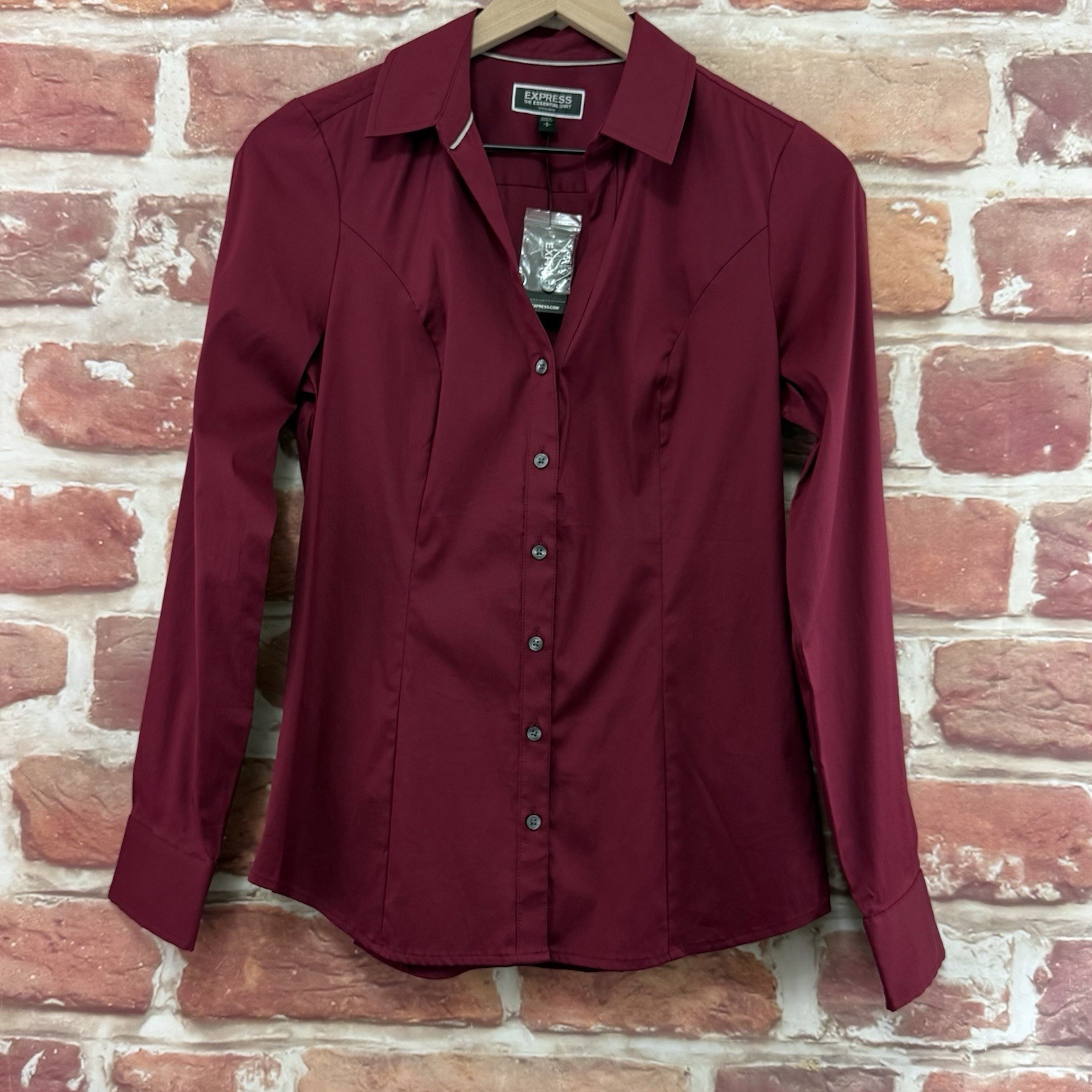 Express The Essential Shirt Womens S Burgundy Stretchy Work Office Career Top