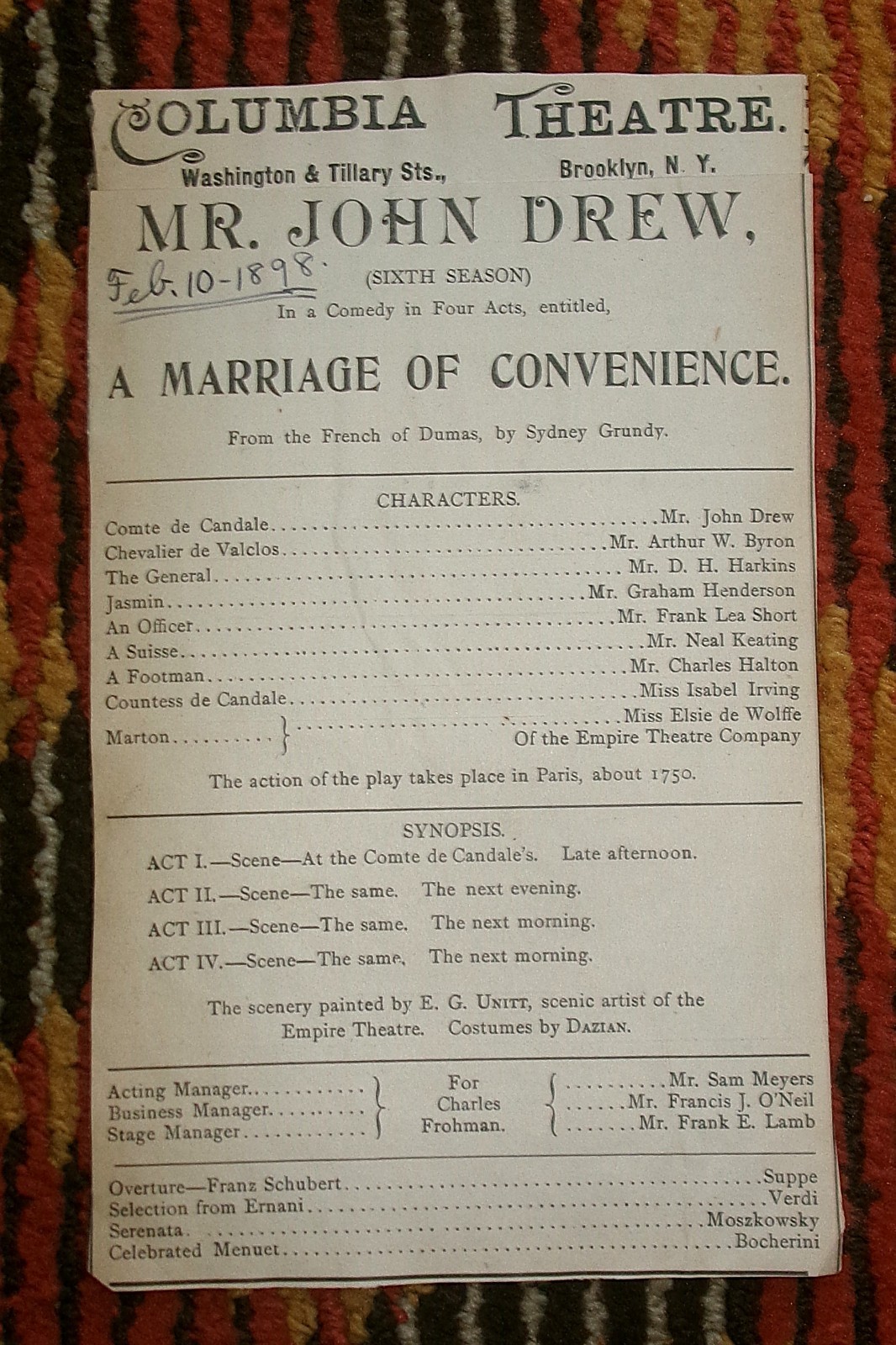 Marriage of Convenience 1898 John Drew Elsie de Wolfe Columbia Theatre Brooklyn