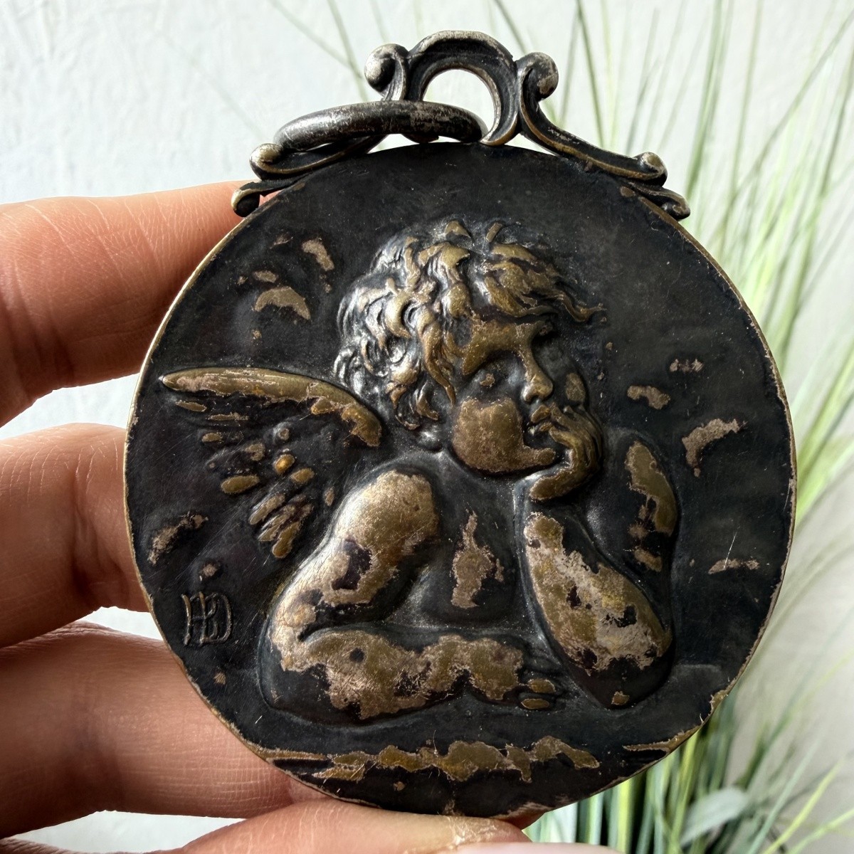 Antique French P.L. Dasset Cherub Cradle Medal Bronze Guardian Angel Medallion