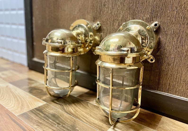 Set of 2 Brass Marine Bulkhead Wall Lights Nautical Sconce Fixture with Junction