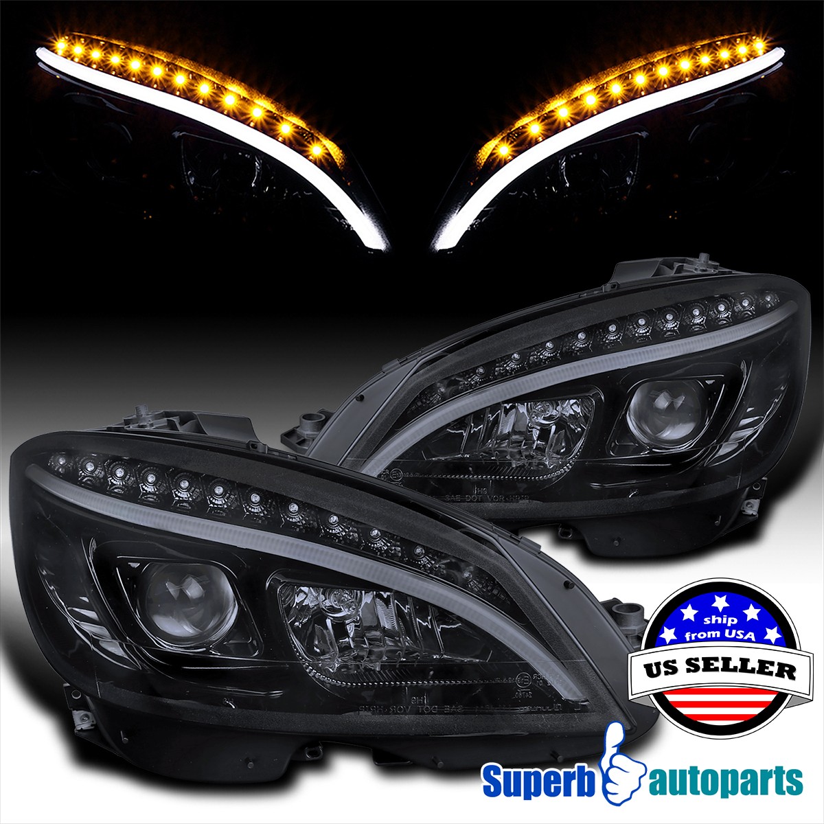 For 2008-2011 Benz W204 C-Class Black Smoke Projector Headlights LED Signal Lamp
