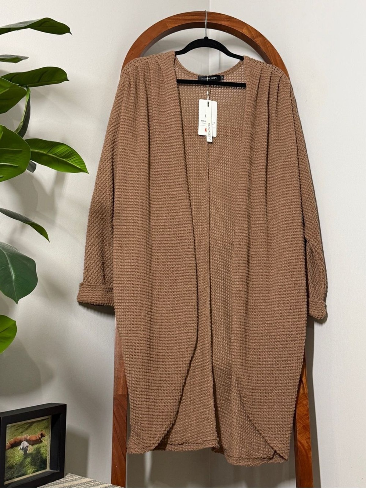 Merokeety LARGE Tan Waffle Knit Cocoon Cardigan Sweater Open Front Slouchy NEW Merokeety LARGE Tan Waffle Knit Cocoon Cardigan Sweater Open Front Slouchy NEW