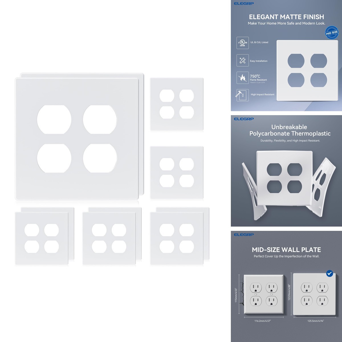 ELEGRP 2-Gang Screwless Duplex Wall Plates, Mid-Size Unbreakable Thermoplastic
