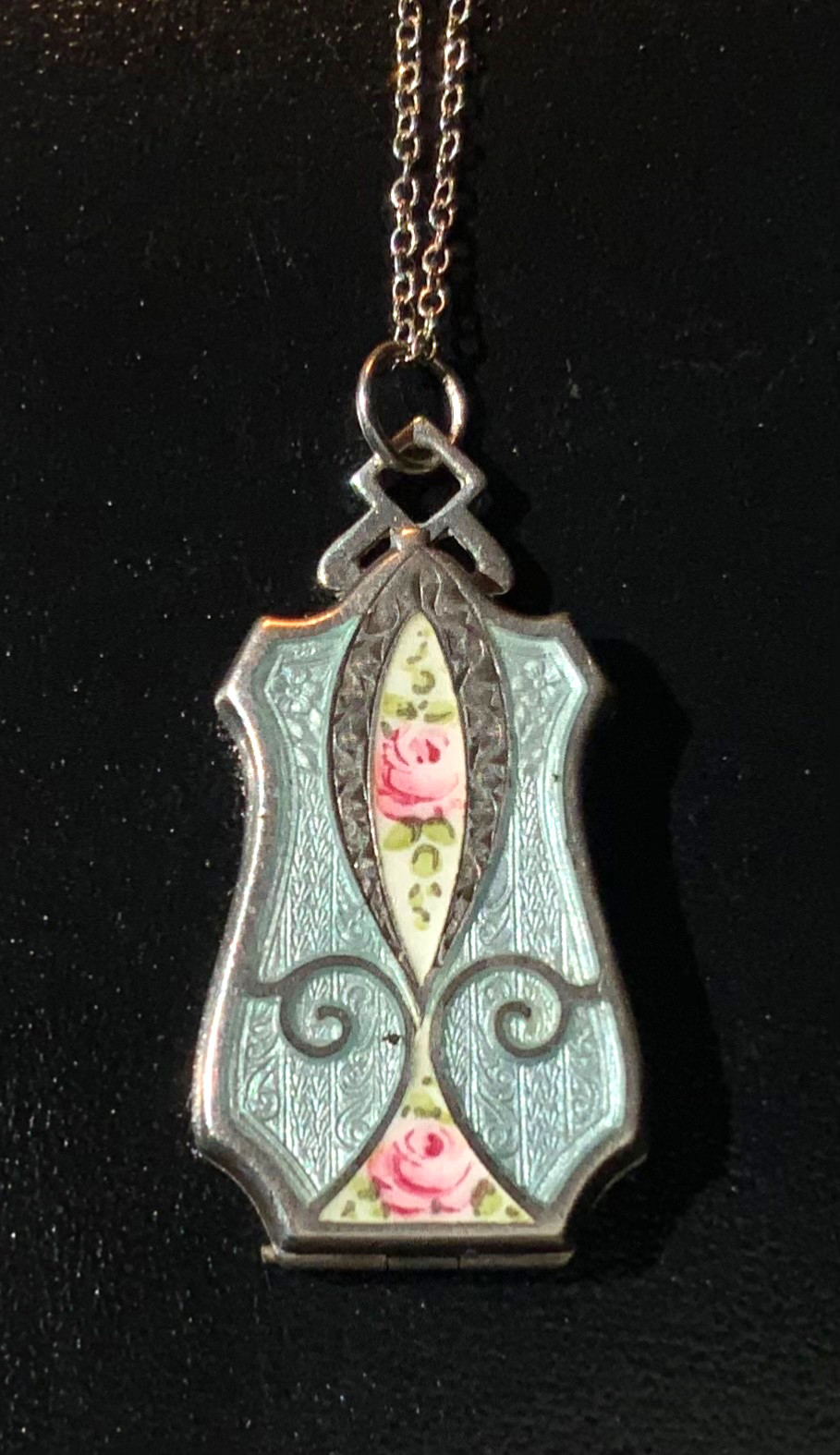 BEAUTIFUL Antique Sterling *ENAMEL GUILLOCHE* Locket NECKLACE **HAND PAINTED**