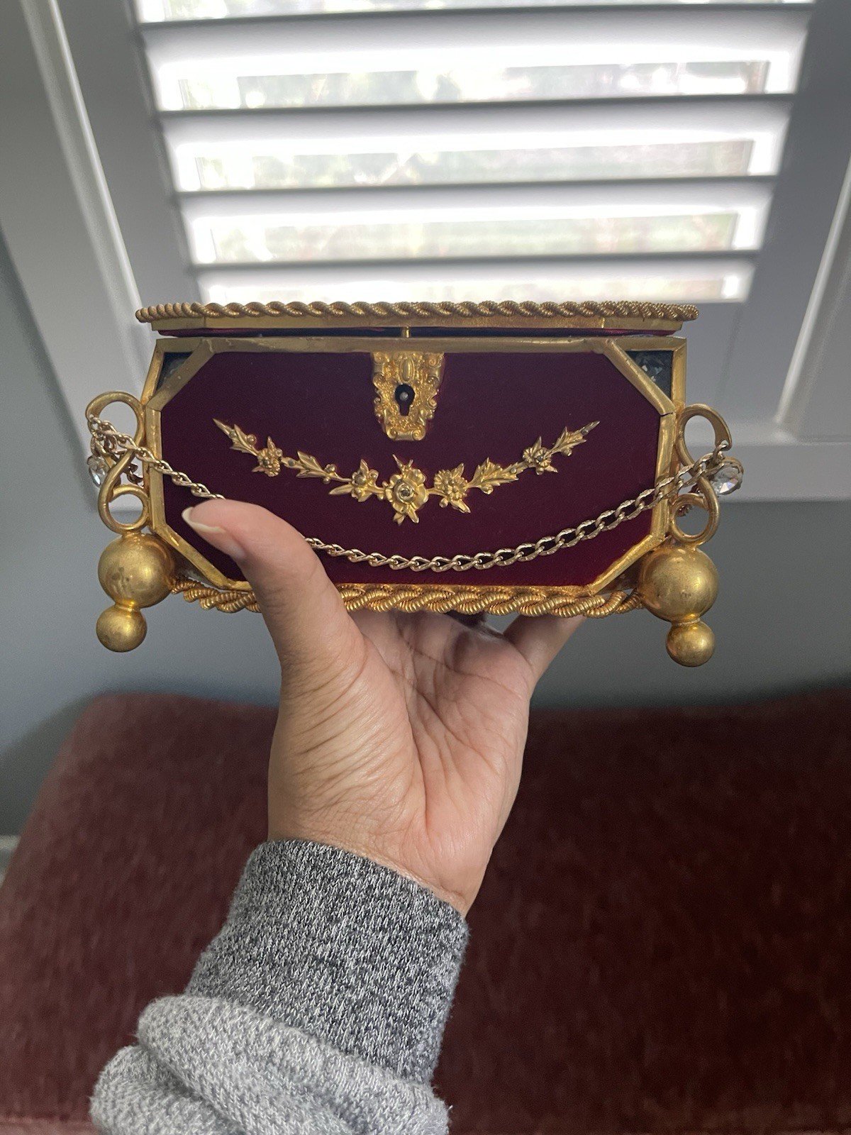 Antique French Style Gilt Ormolu Red Velvet Jeweled Casket Trinket Jewelry Box