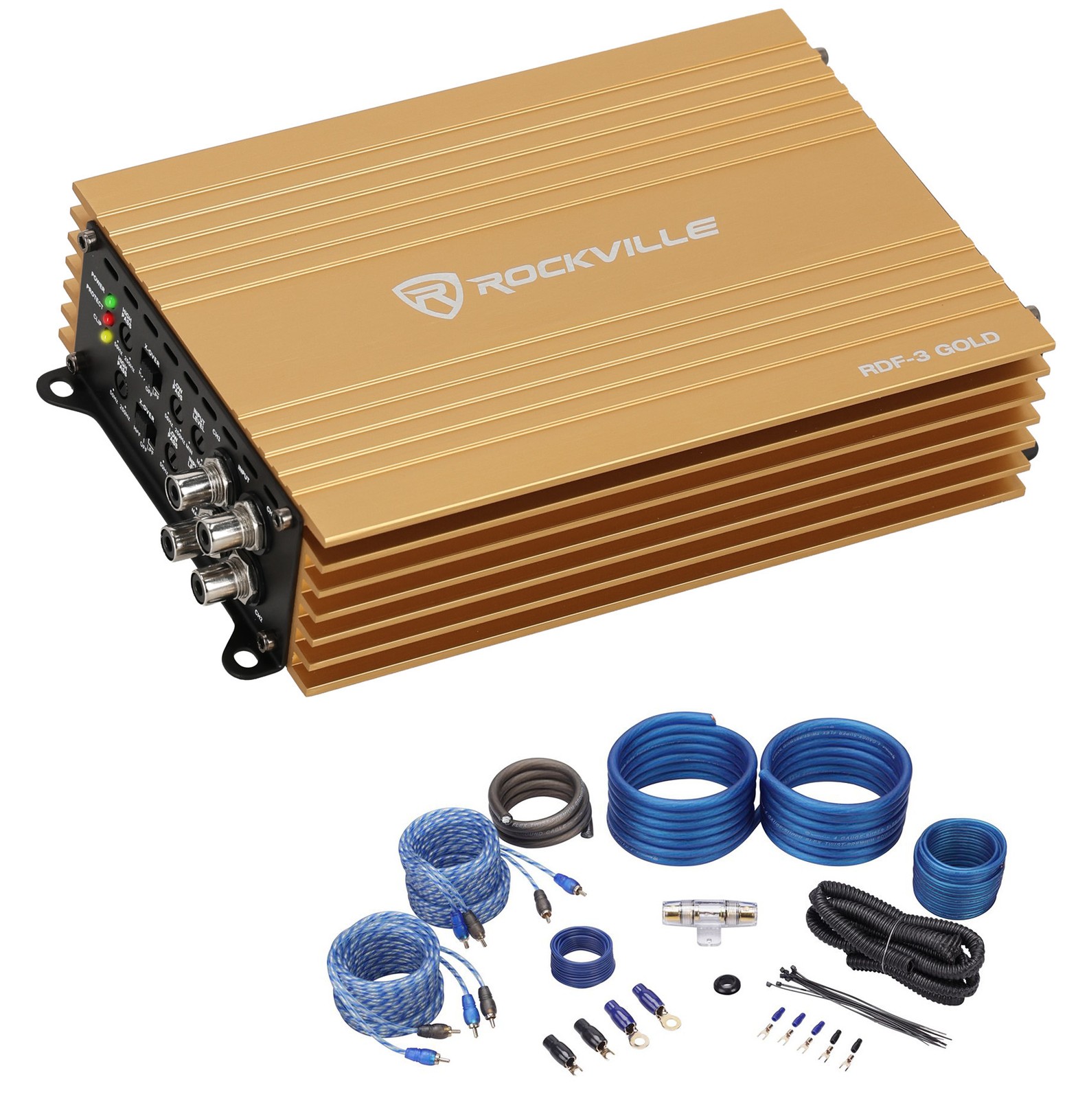 Rockville RDF-3 GOLD 1600W Peak 400w RMS Compact 4-Channel Car Amplifier+Amp Kit