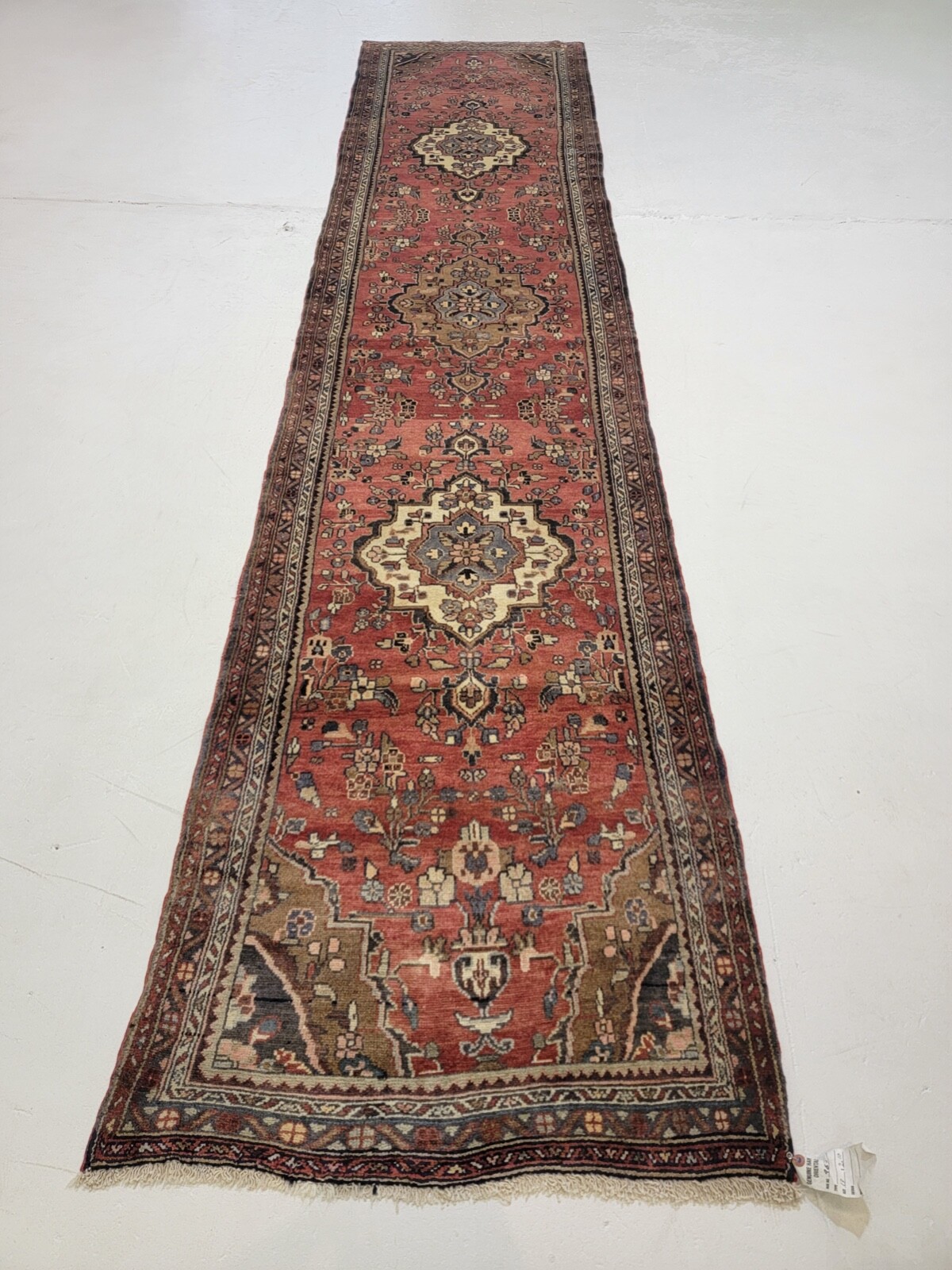 Antique Oriental Hand-Knotted Wool Runner Red/Ivory/Blue 2\'10\