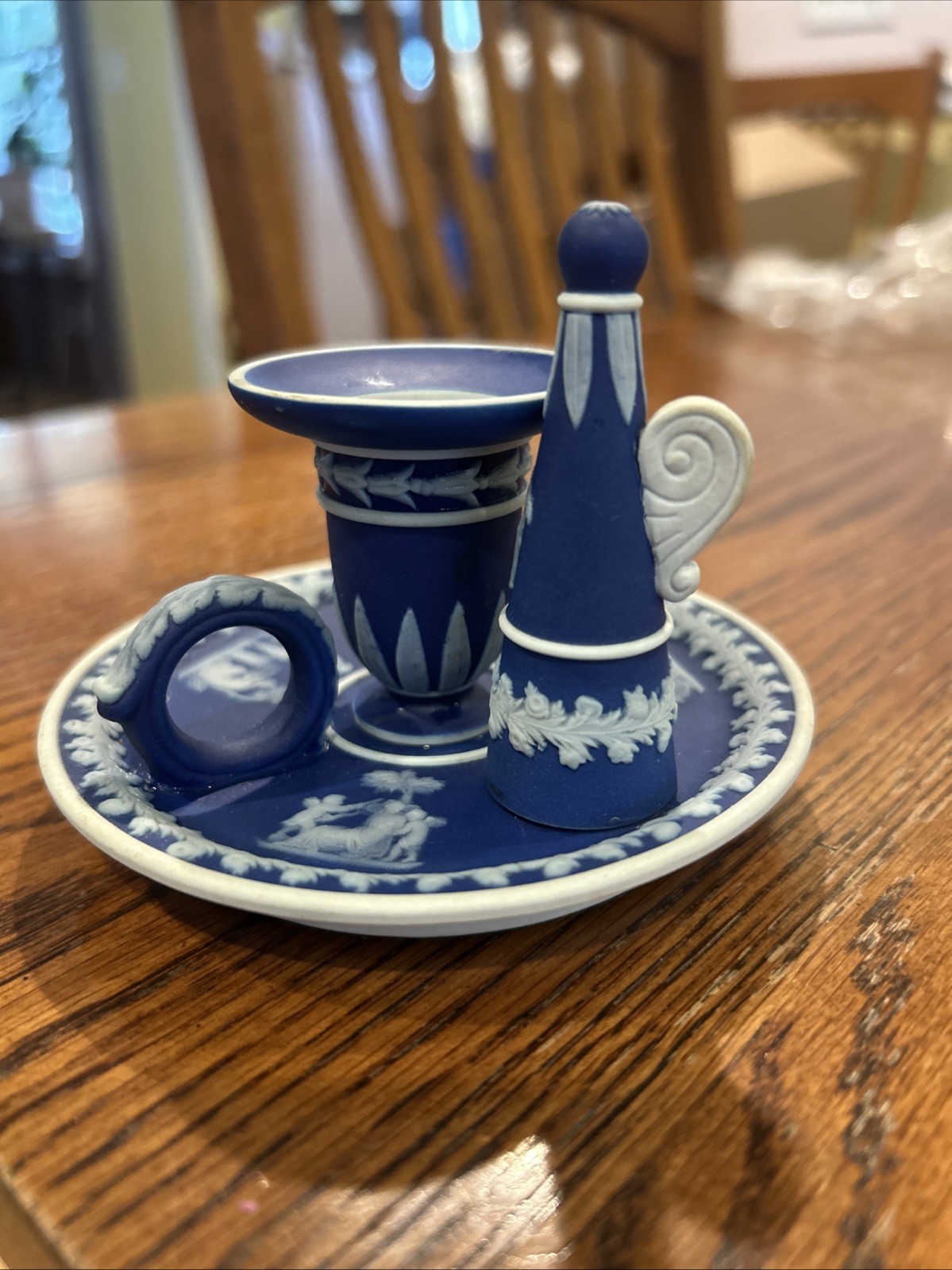 Antique Wedgwood Cobalt Blue Jasperware Chamberstick Candleholder With Snuffer 