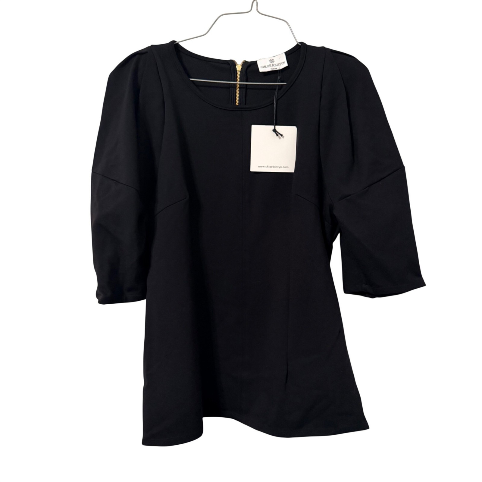 Chloe Kristyn Black 3/4 Sleeve blouse With Gold Zipper Sz M blouse Chloe Kristyn Black 3/4 Sleeve blouse With Gold Zipper Sz M blouse
