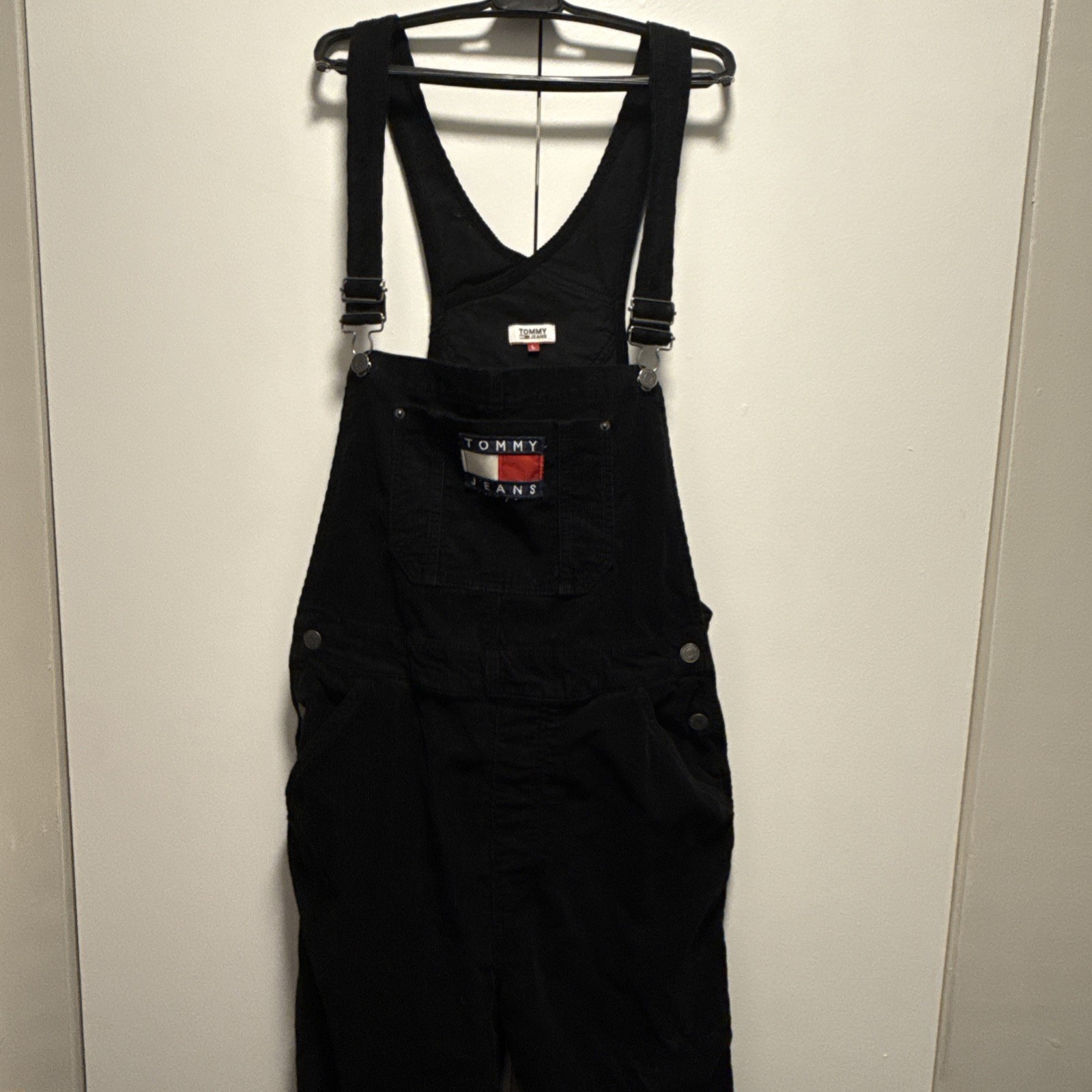 Y2K Tommy Hilfiger Black Overalls Men’s Large Central Patch Pockets Cotton
