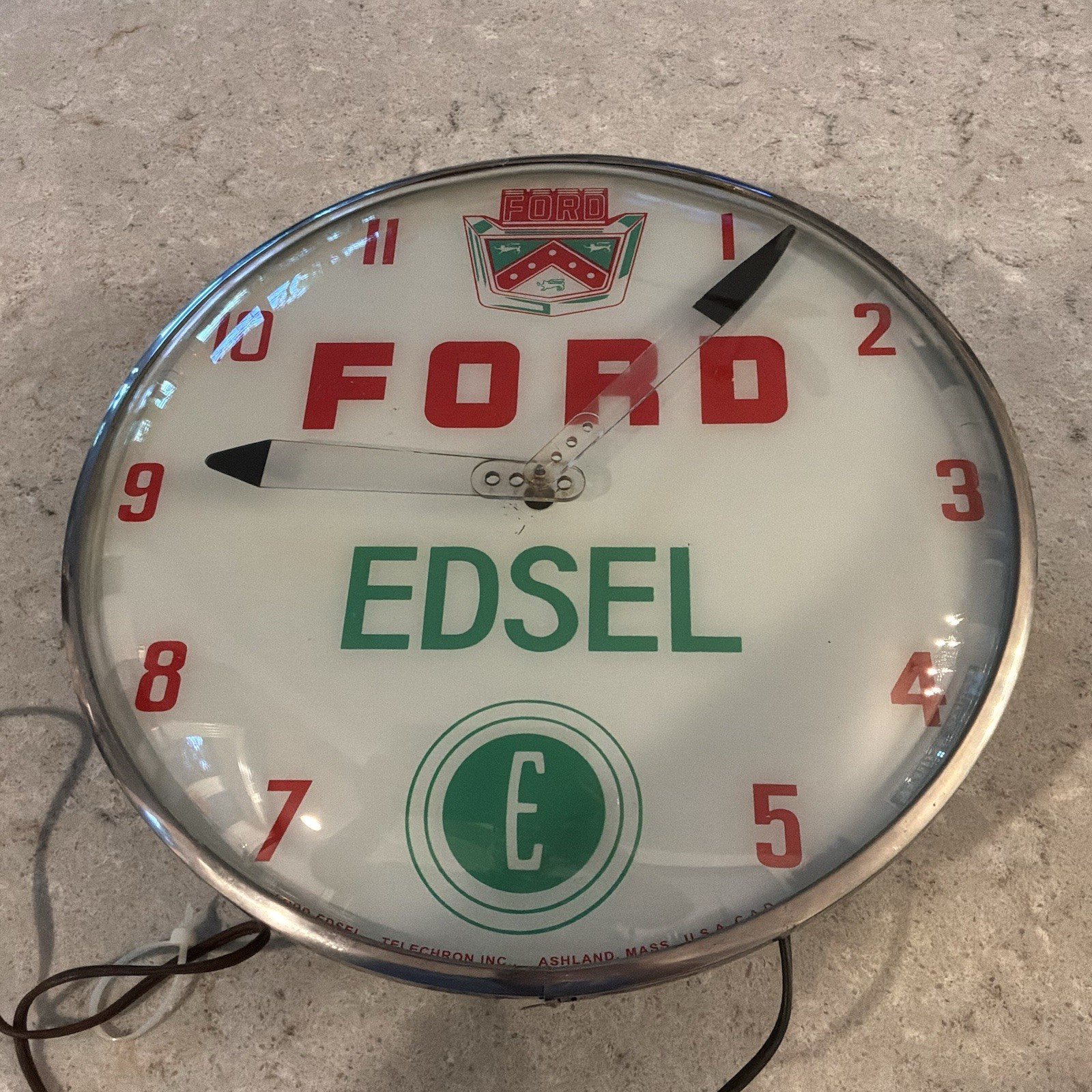 Vintage 1959 Telechron  Ford&Edsel Lighted Advertising Wall Clock. Runs & Lights