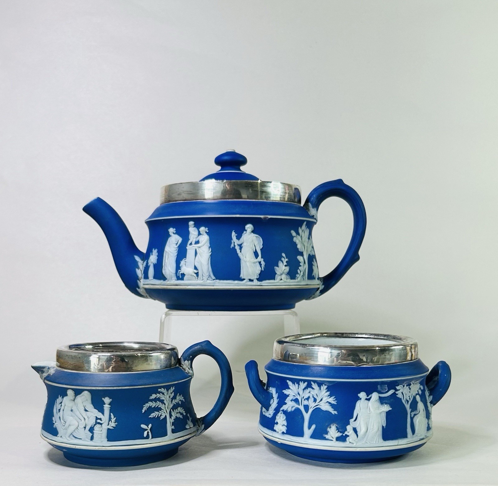 3 Antique Wedgwood Dark Blue Jasper Ware Teapot Tea Set Hallmarked Silver Rims