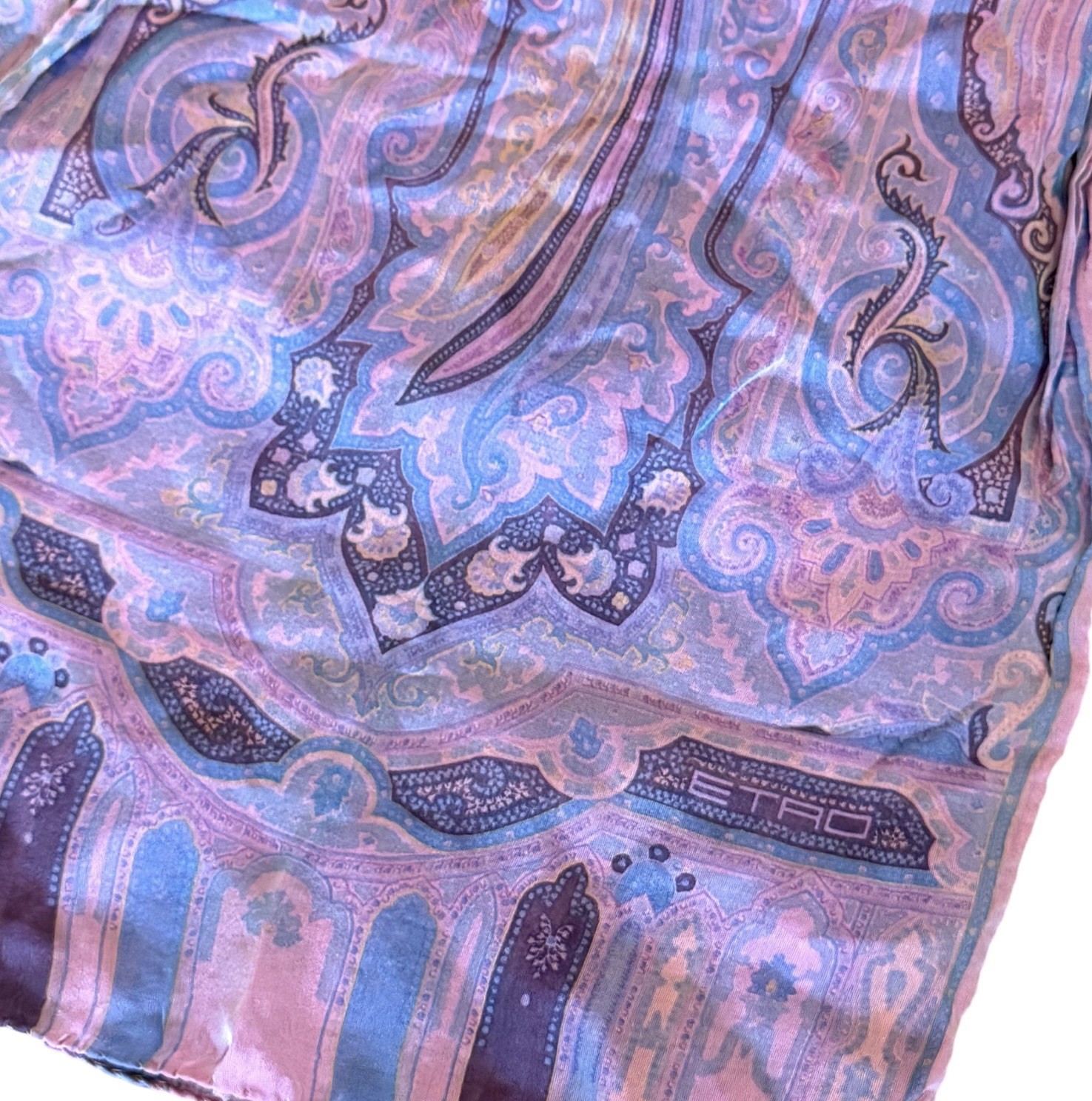 Etro Milano Italy purple blue Black yellow Paisley Print 100% Silk Scarf 12”X 44 Etro Milano Italy purple blue Black yellow Paisley Print 100% Silk Scarf 12”X 44
