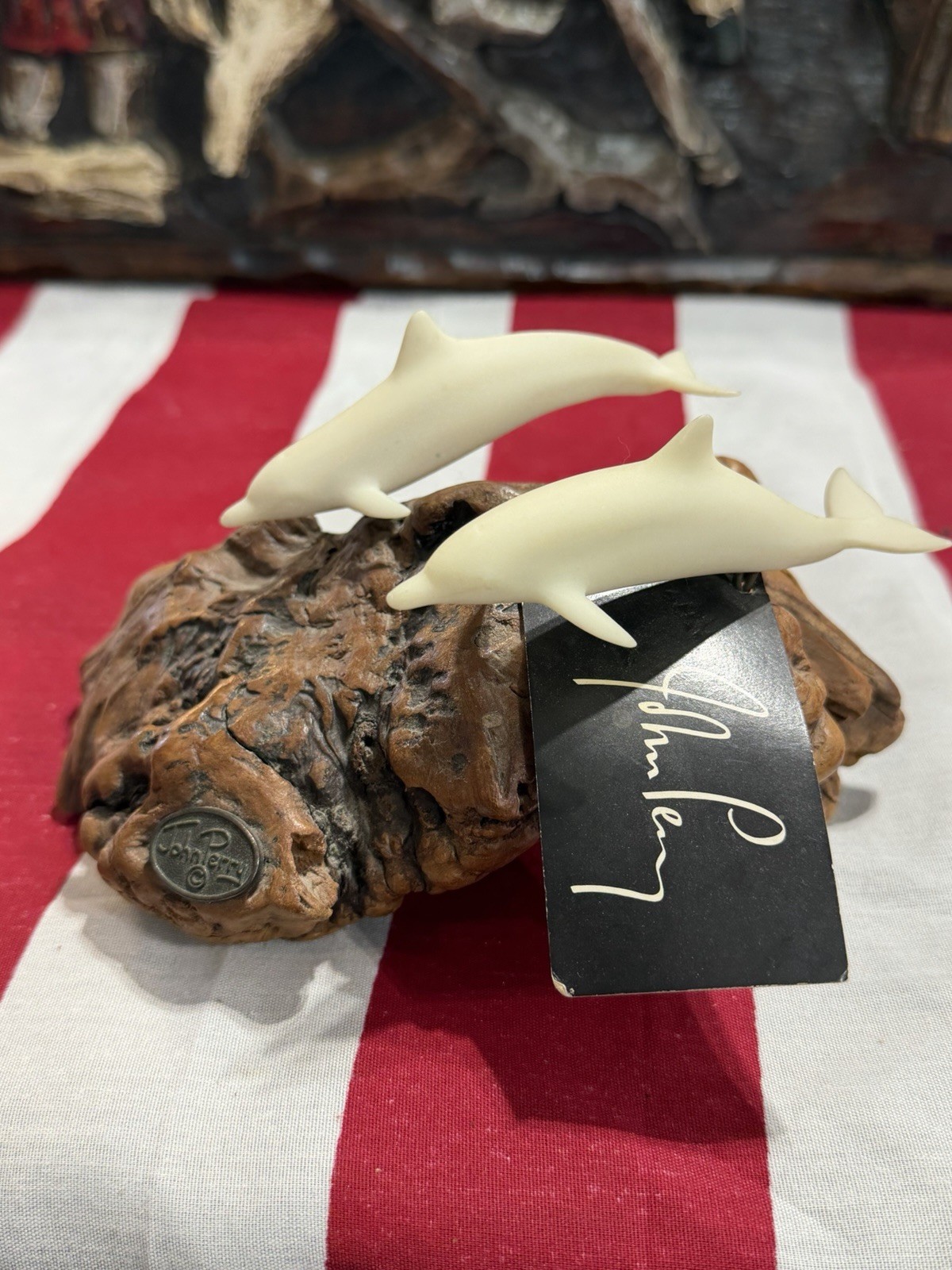 Vintage John Perry Studio Dolphin Duo Pellucida Resin Burlwood Sculpture Signed