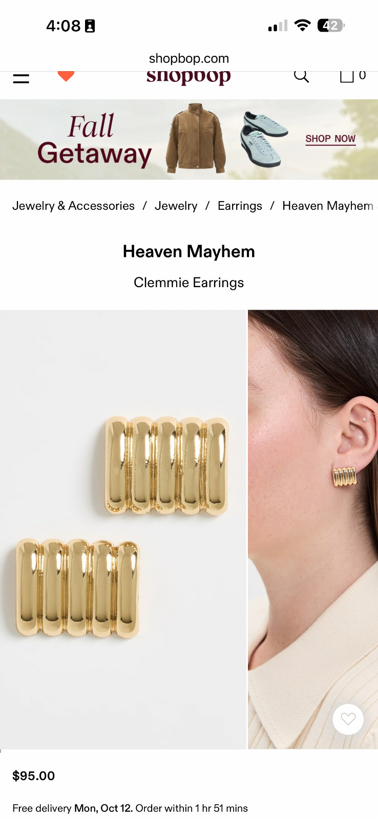 Heaven Mayhem Clemmie Earrings Gold  SHOPBOP NEW  $95