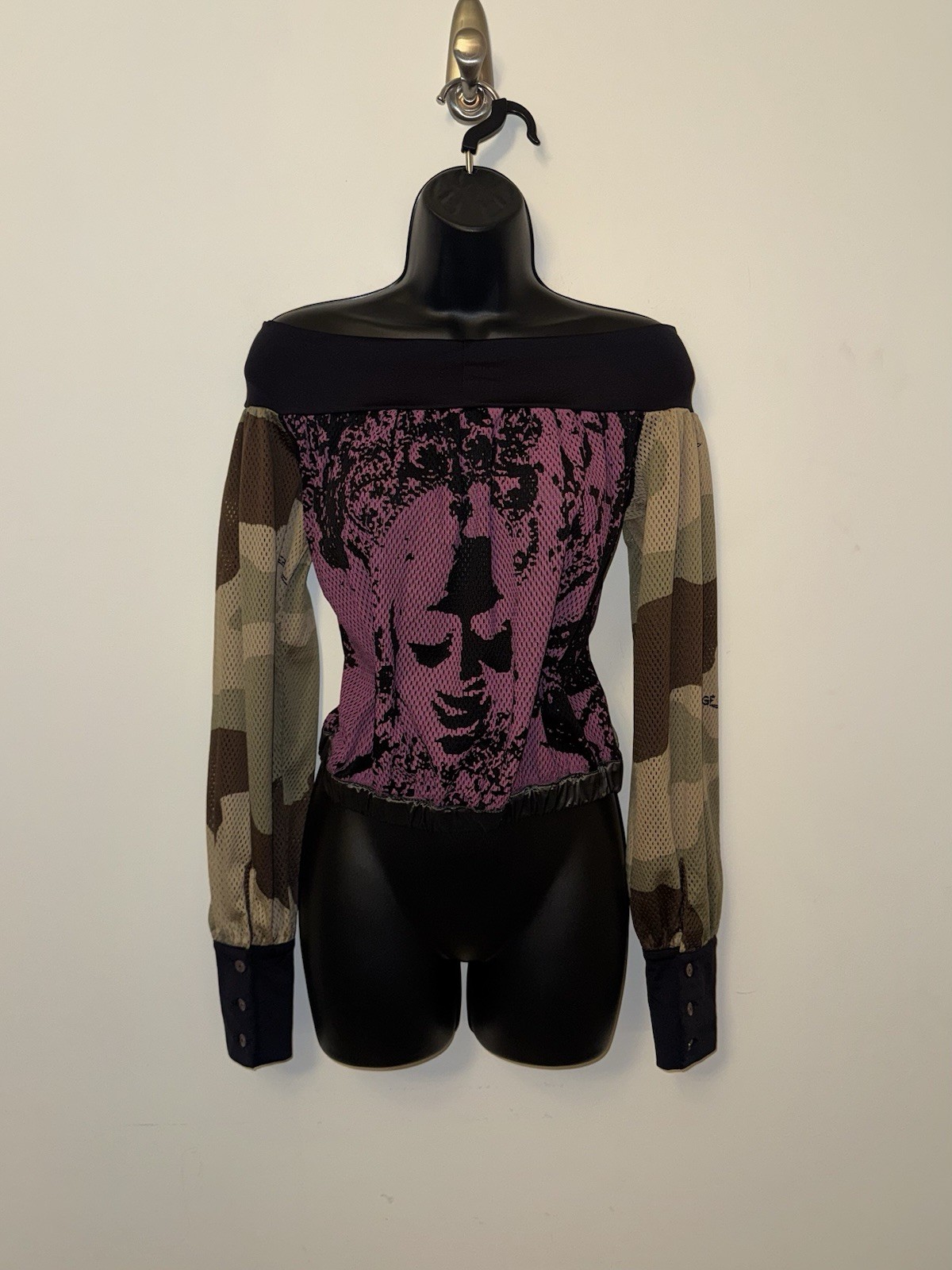 GF Gianfranco Ferre Vintage Y2K Mesh Off Shoulder Top Camo Face Graphic Print L