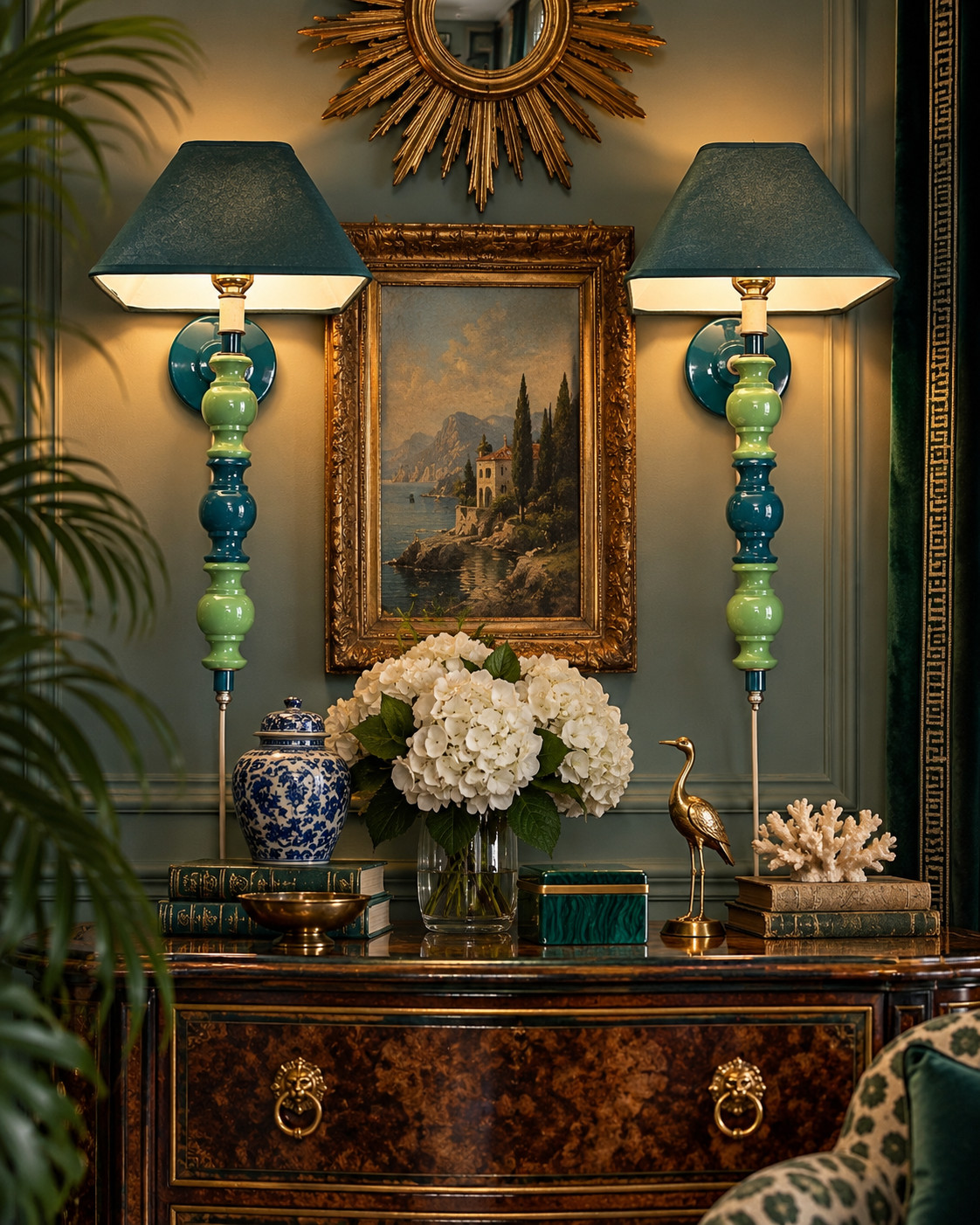 1970s Pair Teal Green Plug In Wall Sconces Hollywood Regency Lamps Shades
