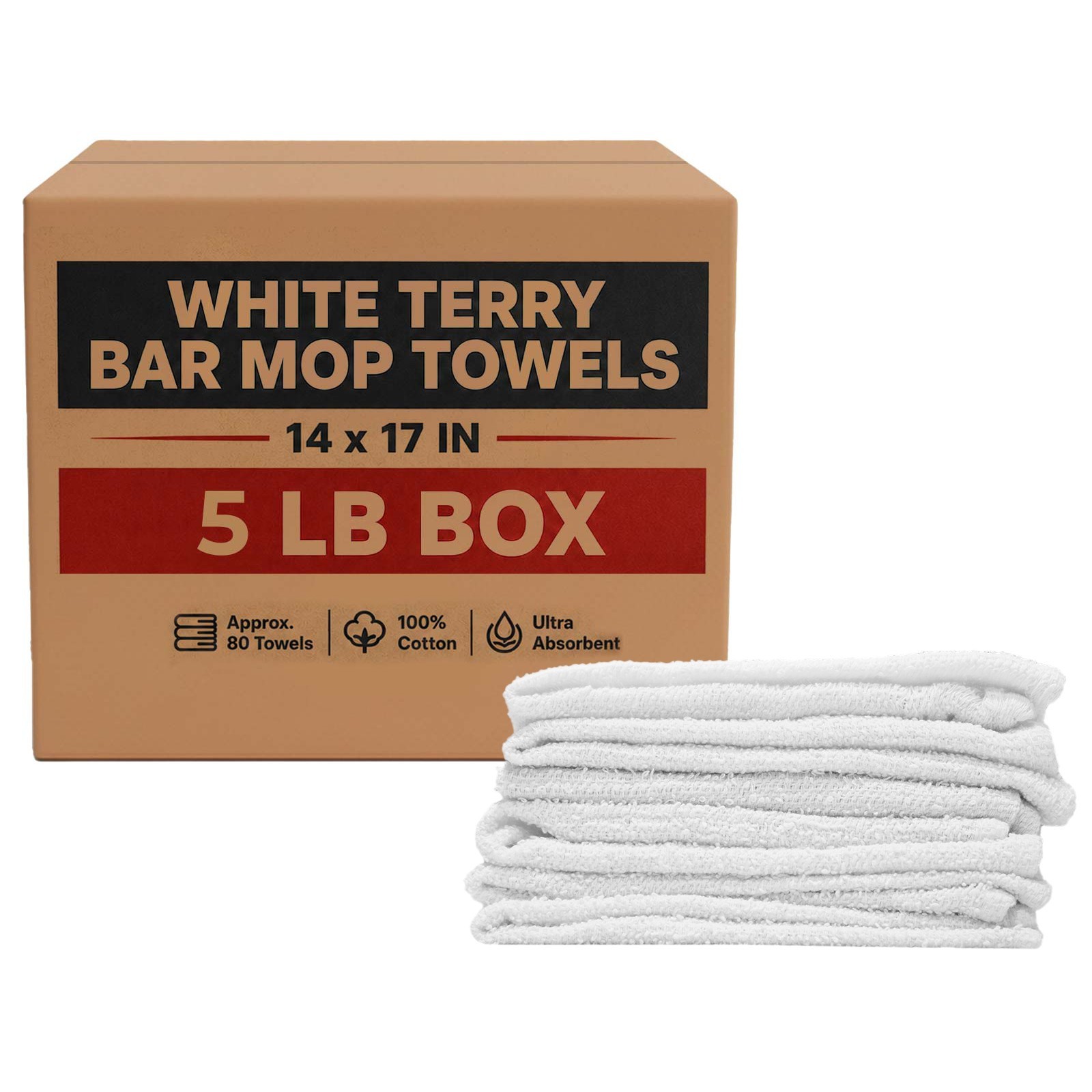White Terry Bar Mop Towels 14x17 100% Cotton Absorbent Kitchen Rags - 5 LB Box