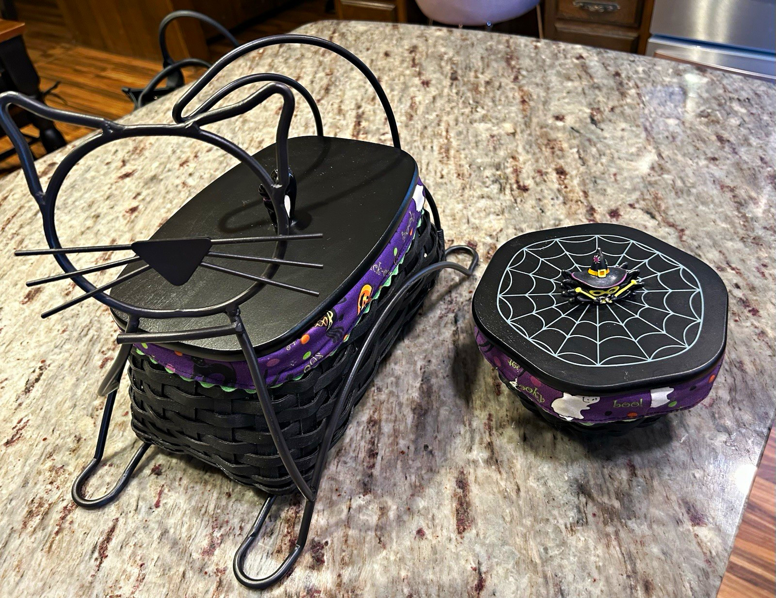 Longaberger Halloween Black Cat Spiderweb Basket Set of 2 w/ Lids Black 2009 sig