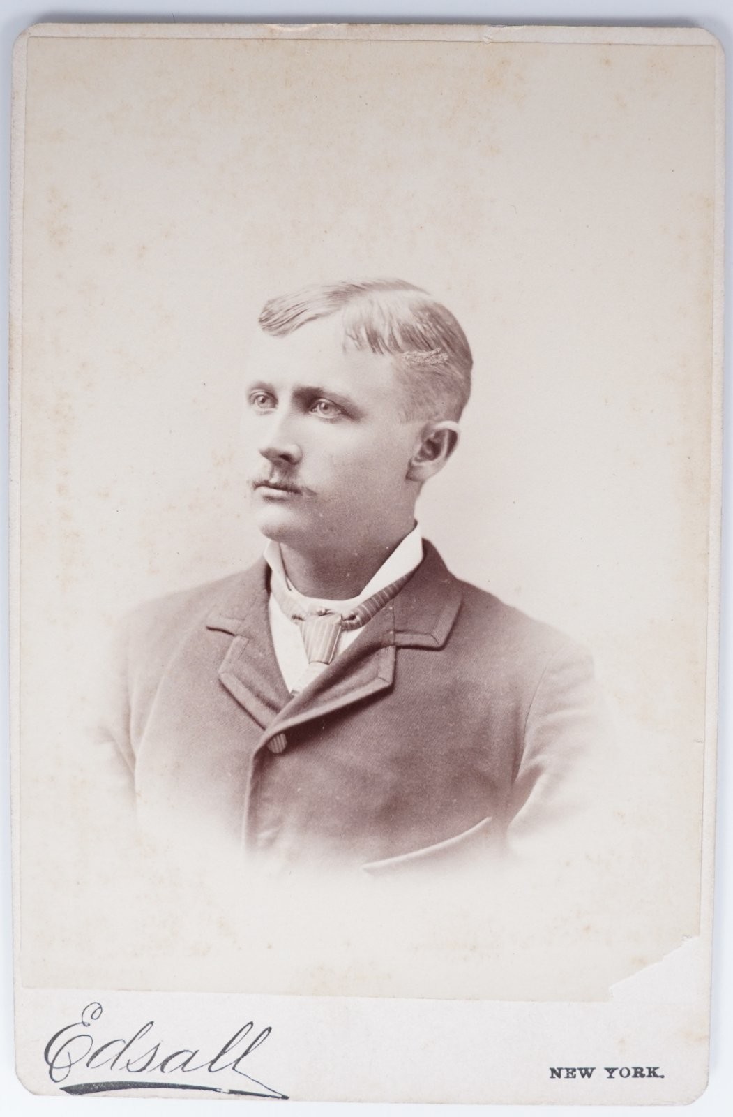 Antique Cabinet Card Circa 1860s Edsall Young Man Mustache Suit New York NY NY