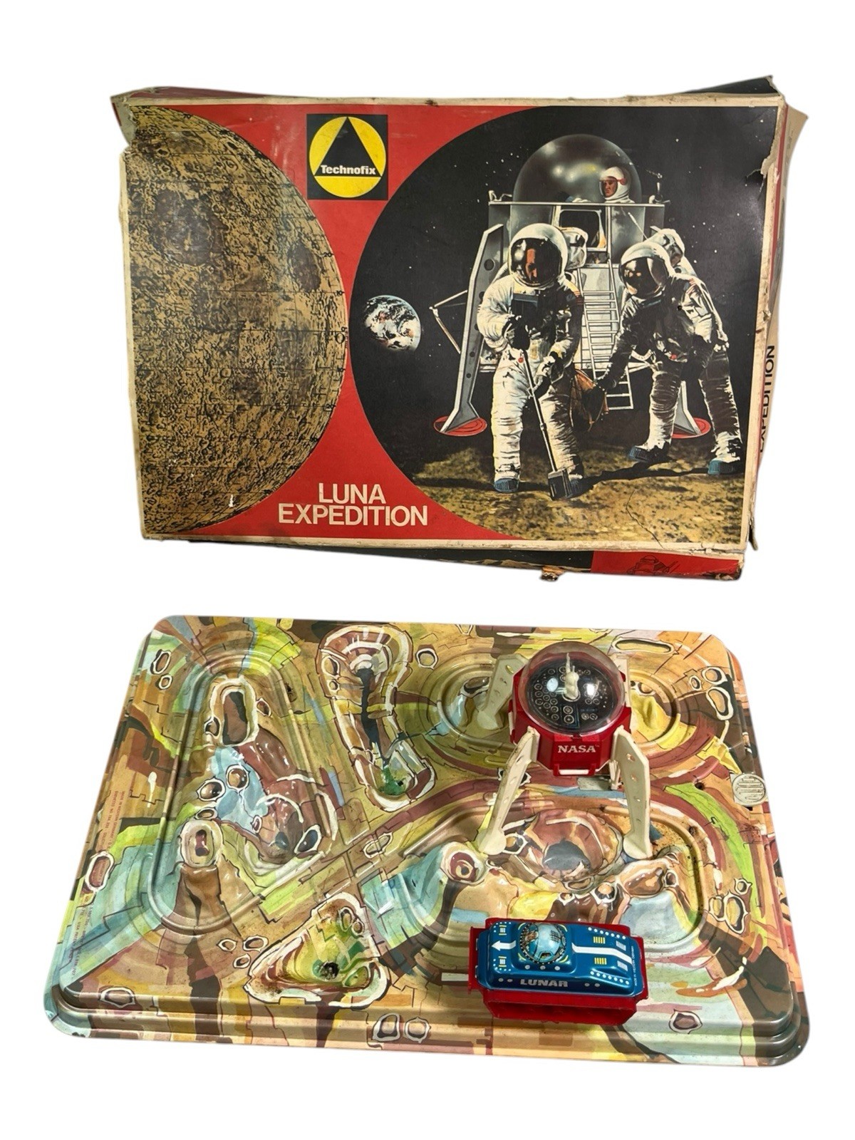 Vintage Technofix Luna Expedition Plastic & Tin Litho Space Toy w Original Box Vintage Technofix Luna Expedition Plastic & Tin Litho Space Toy w Original Box
