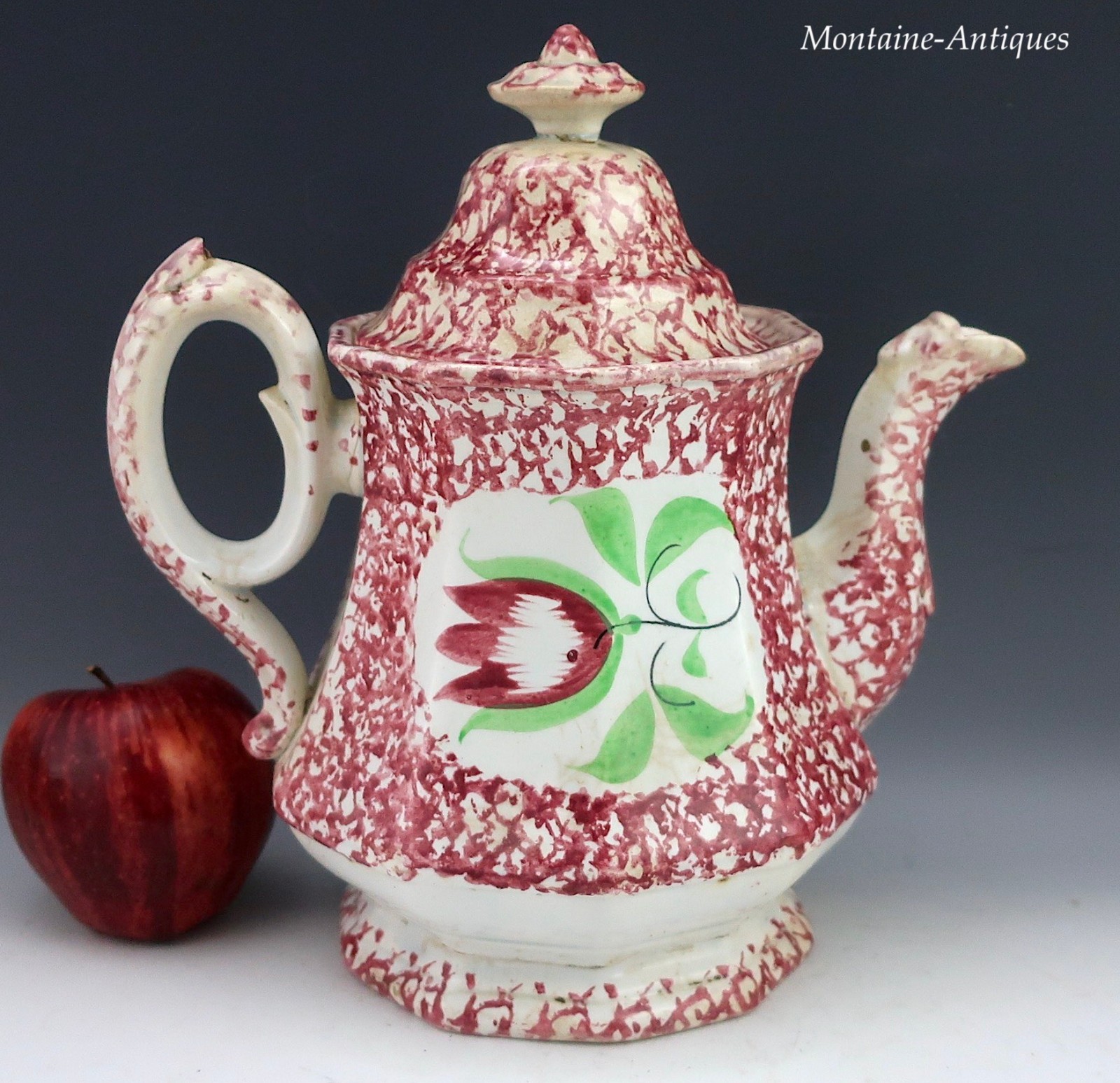Large Opulent Red Spatterware Teapot ca 1830