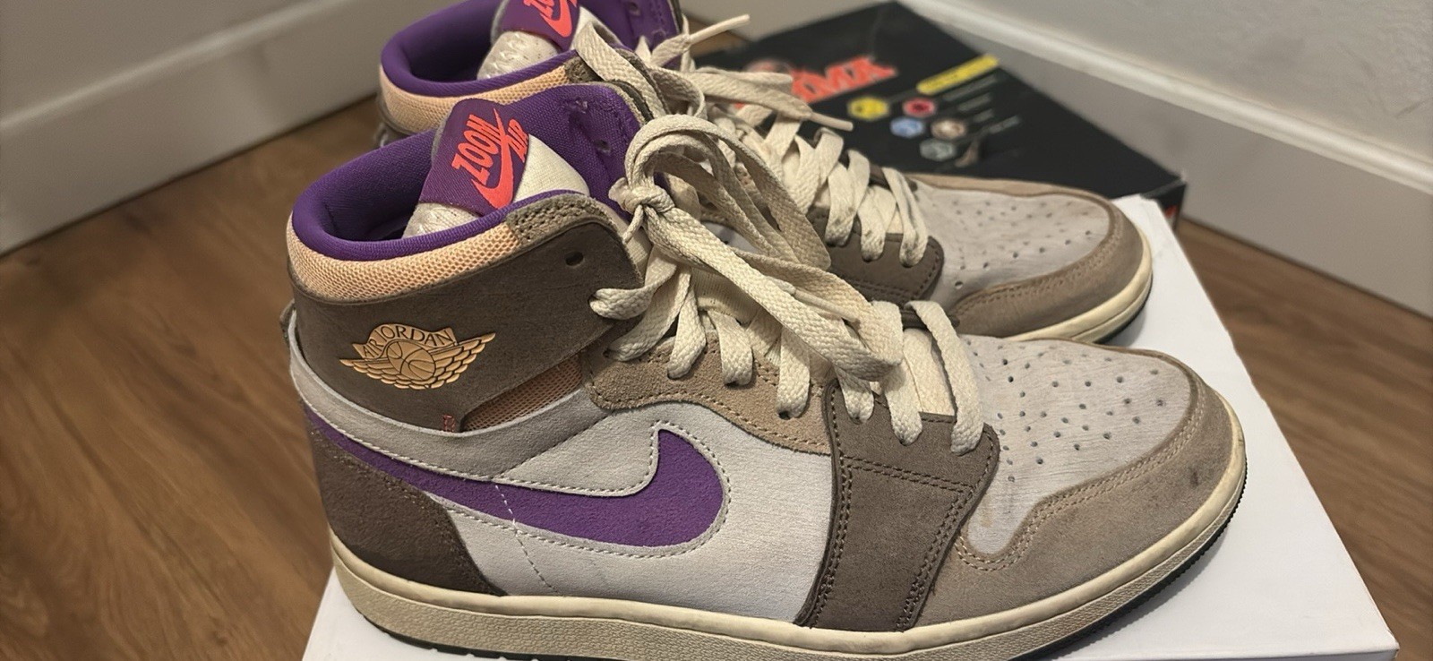 Nike Zoom Air Men’s High Top Lace-Up Suede Sneakers Brown/Purple/White Nike Zoom Air Men’s High Top Lace-Up Suede Sneakers Brown/Purple/White