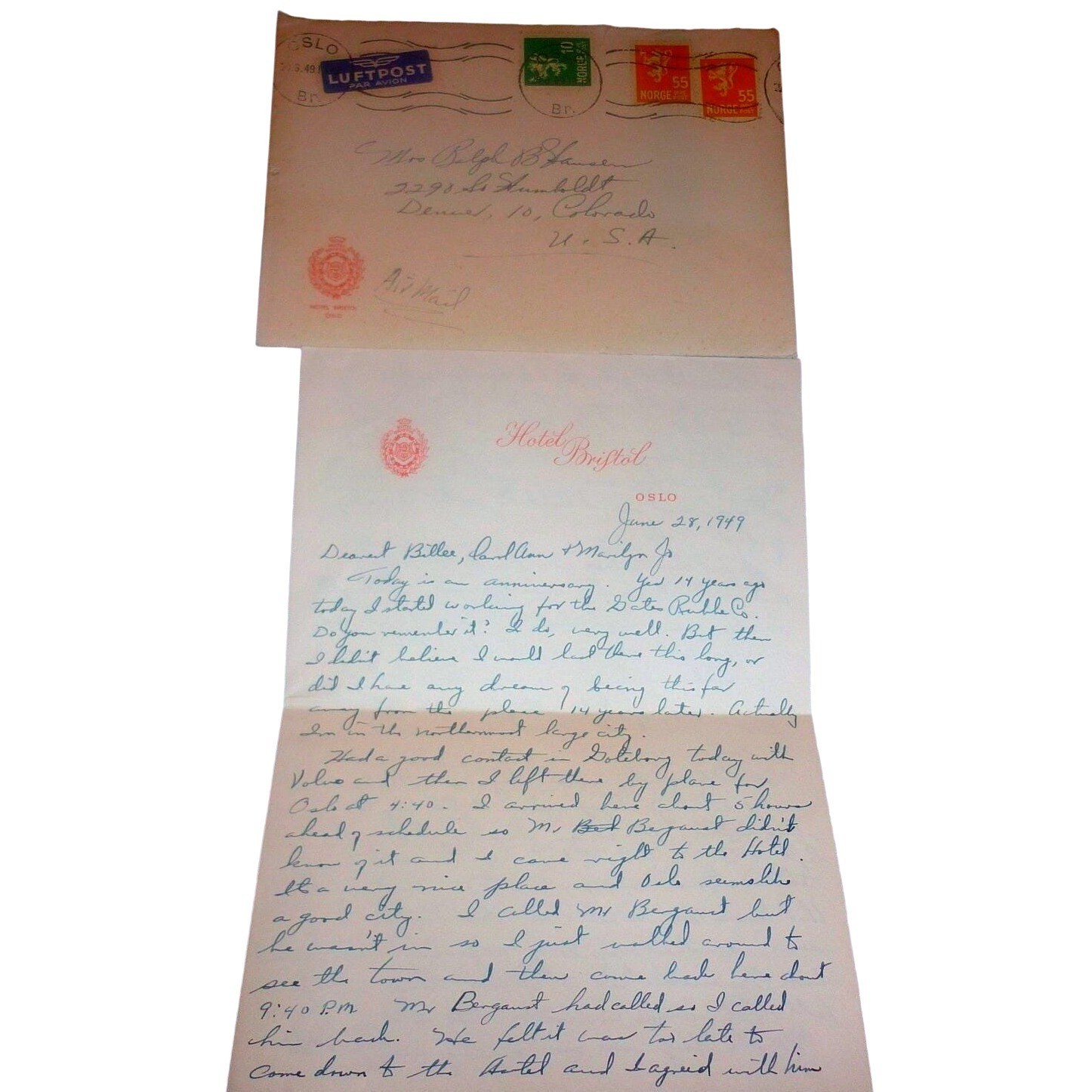 1949 Hotel Bristol Oslo Norway Letter & Cover Gates Rubber Co Volvo Denver CO