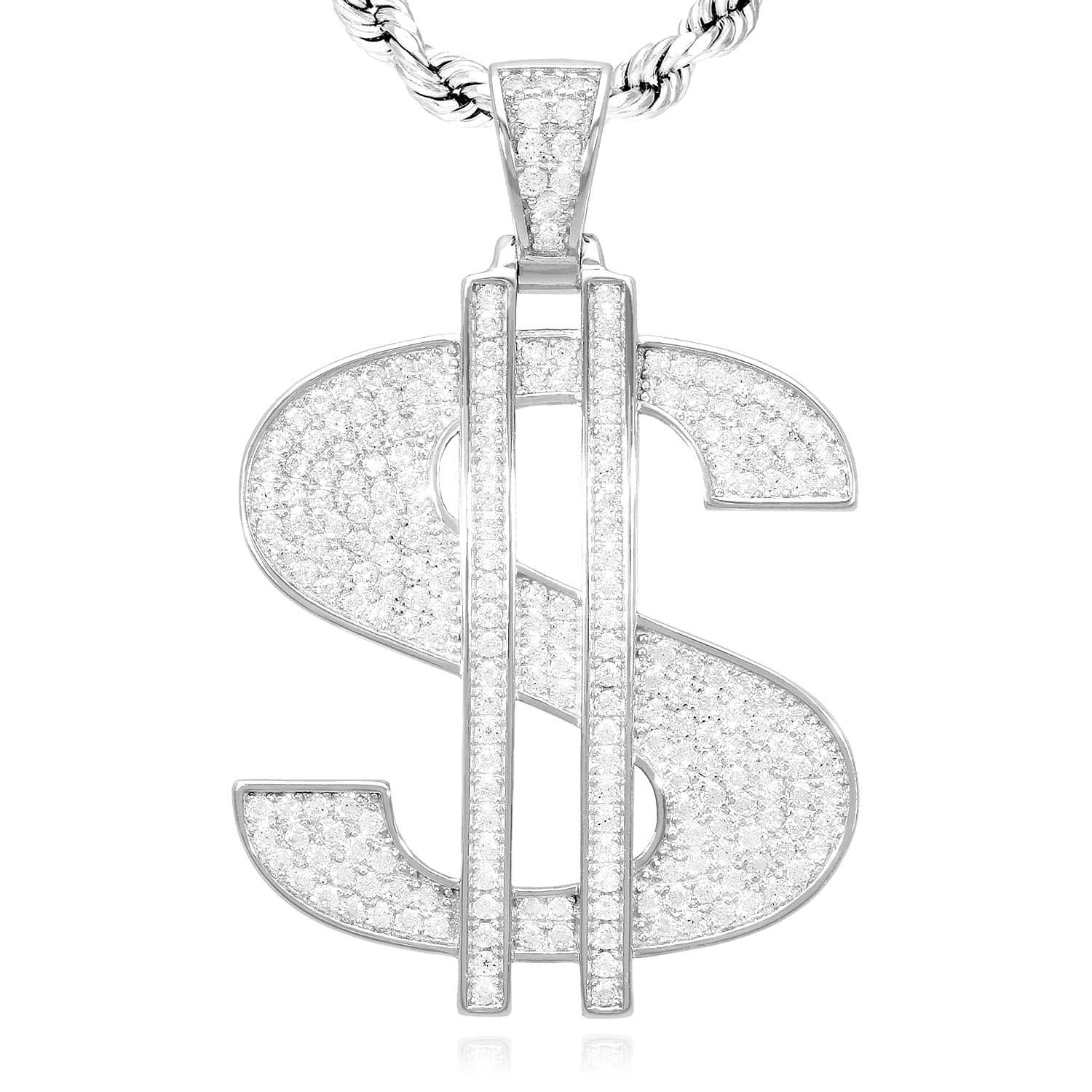 14K Gold Over Silver Ice Out CZ Pave Dollar Sign Pendant 1.6\