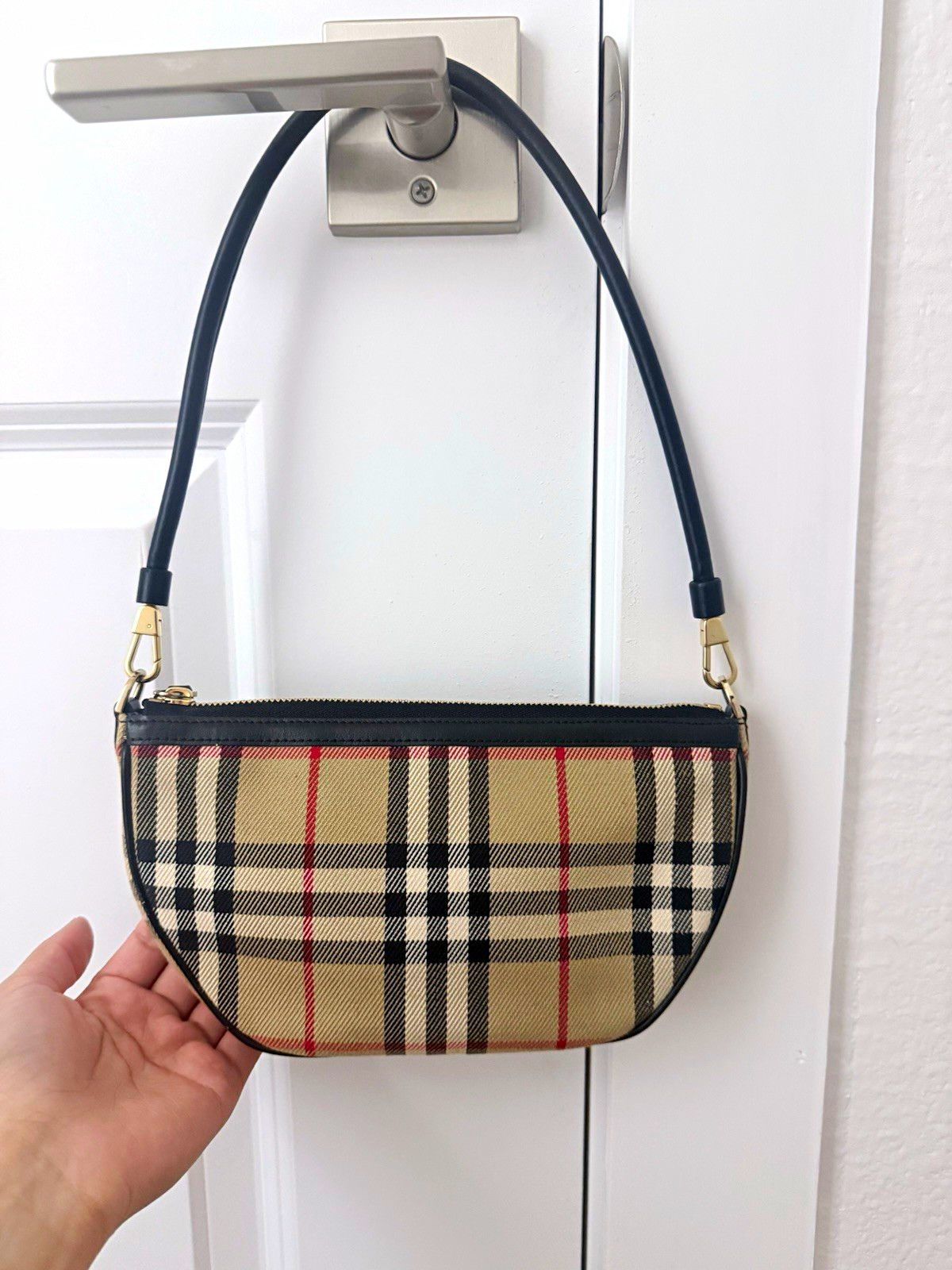Authentic Burberry Checkered Zip Shoulder Bag Small Beige Black Red Gold 