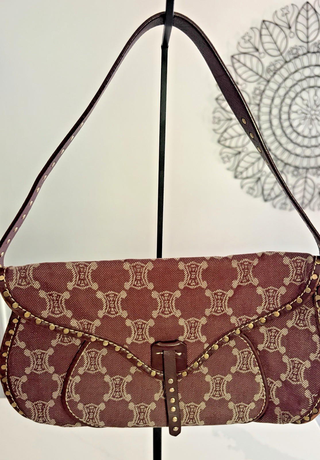 Celine Poulbot Triomphe Denim Studded Shoulder Bag Bordeaux Vintage Macadam Y2K