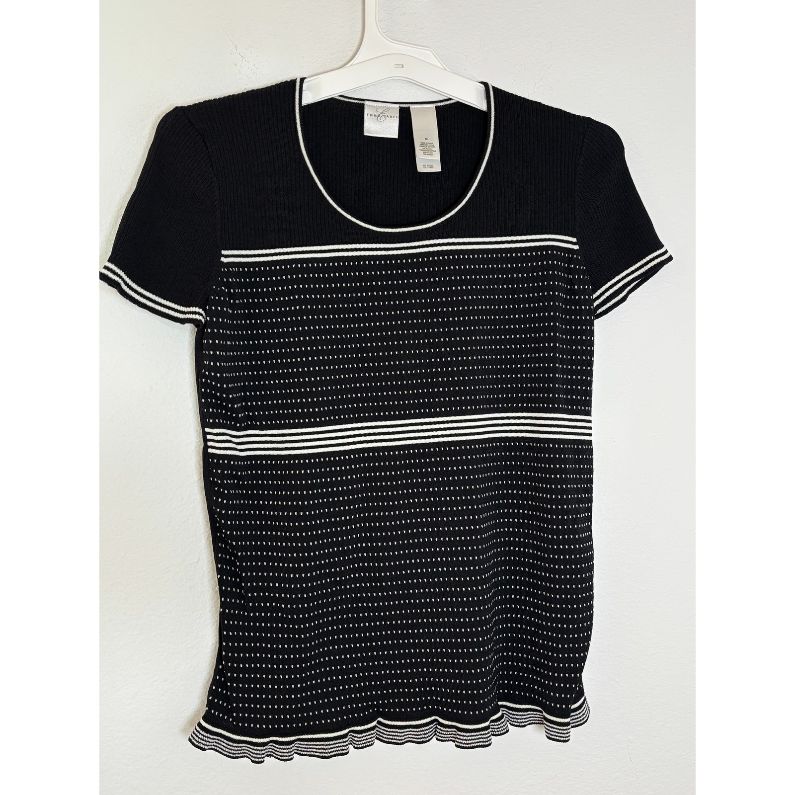 Emma James Womens Medium Black White Striped Dot Knit Short Sleeve Sweater Top Emma James Womens Medium Black White Striped Dot Knit Short Sleeve Sweater Top