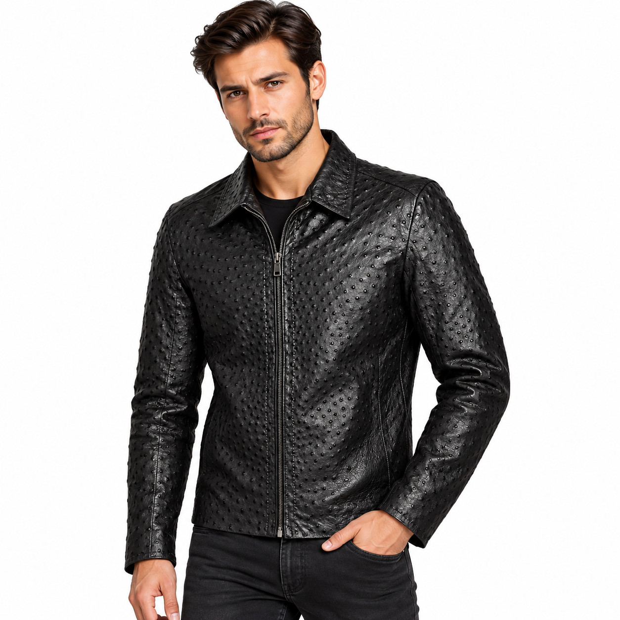 Men\'s Black Ostrich Embossed Genuine Leather Jacket With White Sitch Detail