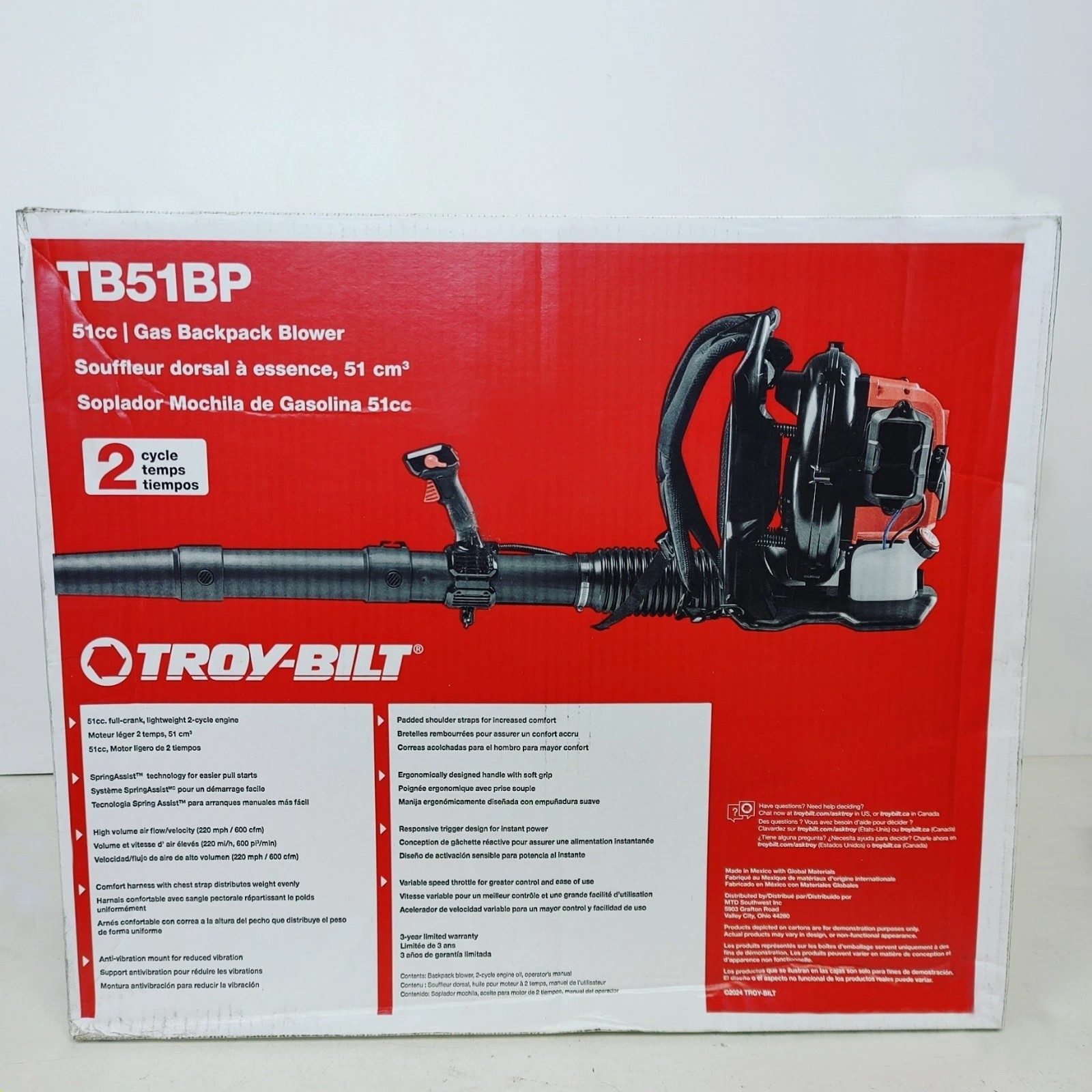 Troy-Bilt TB51BP 51cc Gas Backpack Leaf Blower 220MPH 600CFM 2-Cycle Easy Start