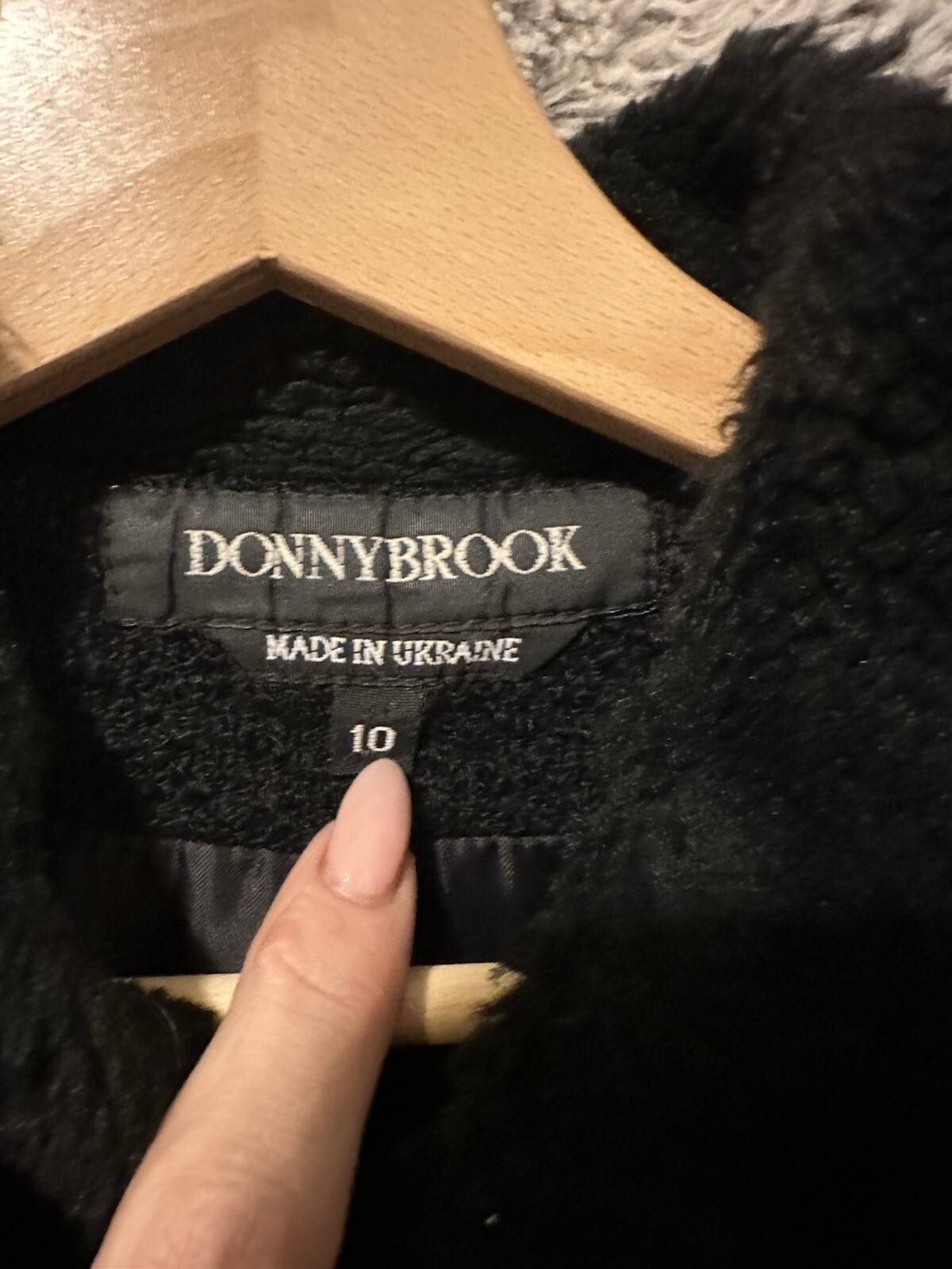 Donny Brook Black textured Long wool coat Faux Fur Trim|  Vintage |Ukraine Sz 10