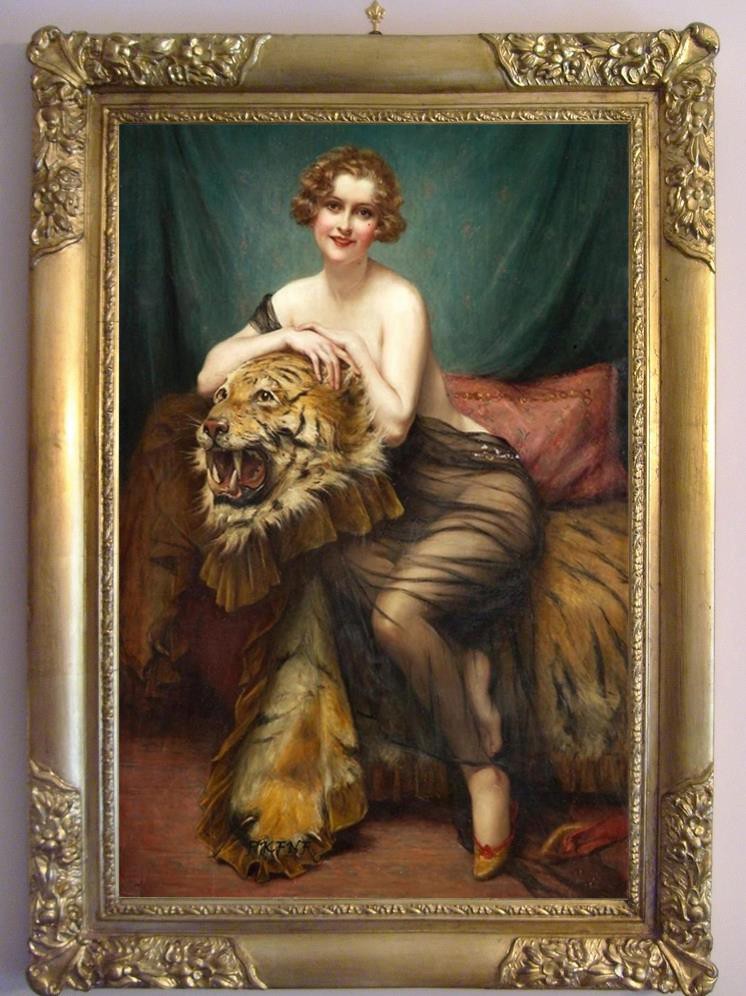 Hand Painted Oil Painting Vintage Lady with Tiger Skin Classical Female Figure