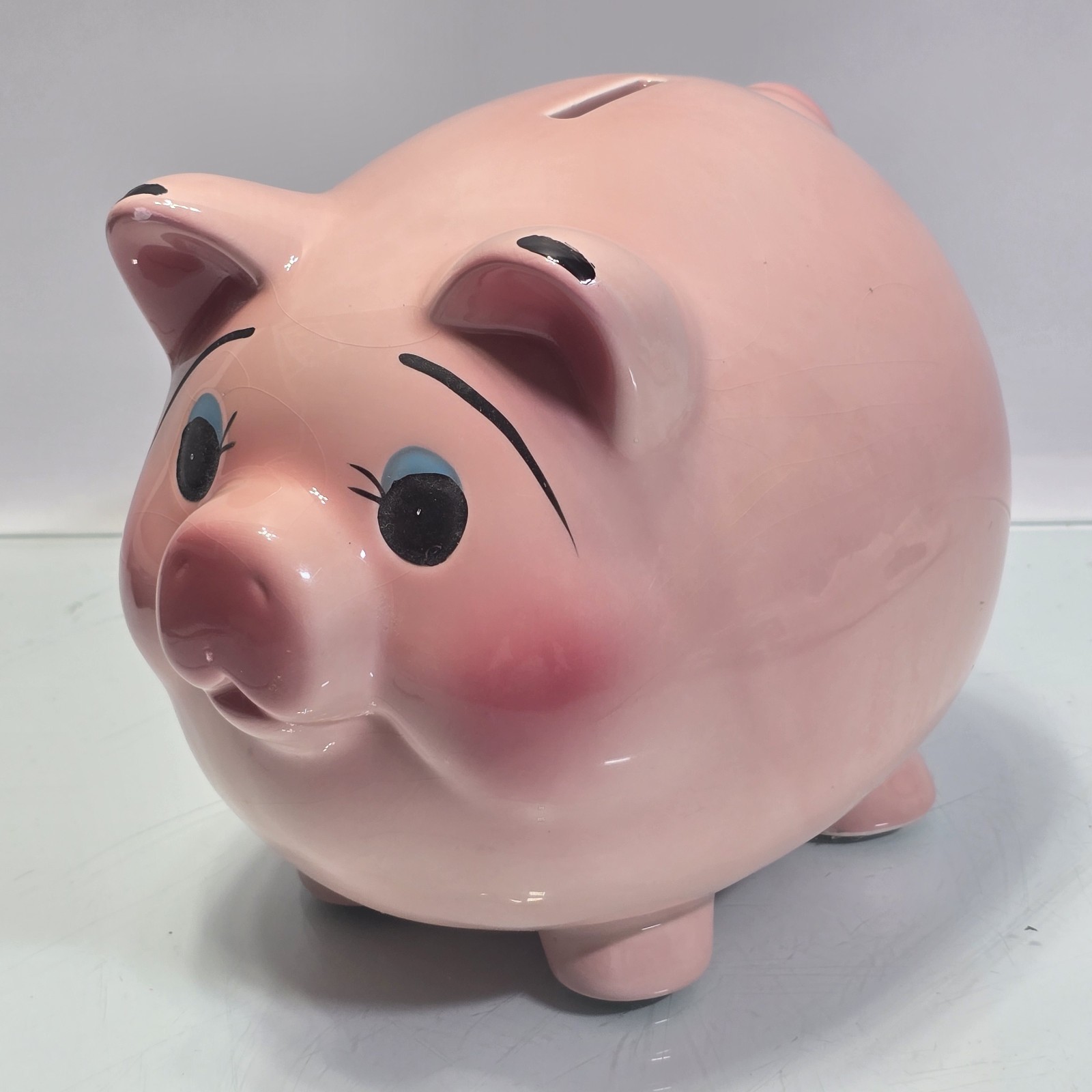 Vintage Mid Century Pink Ceramic Piggy Bank Blue Eyes 8\